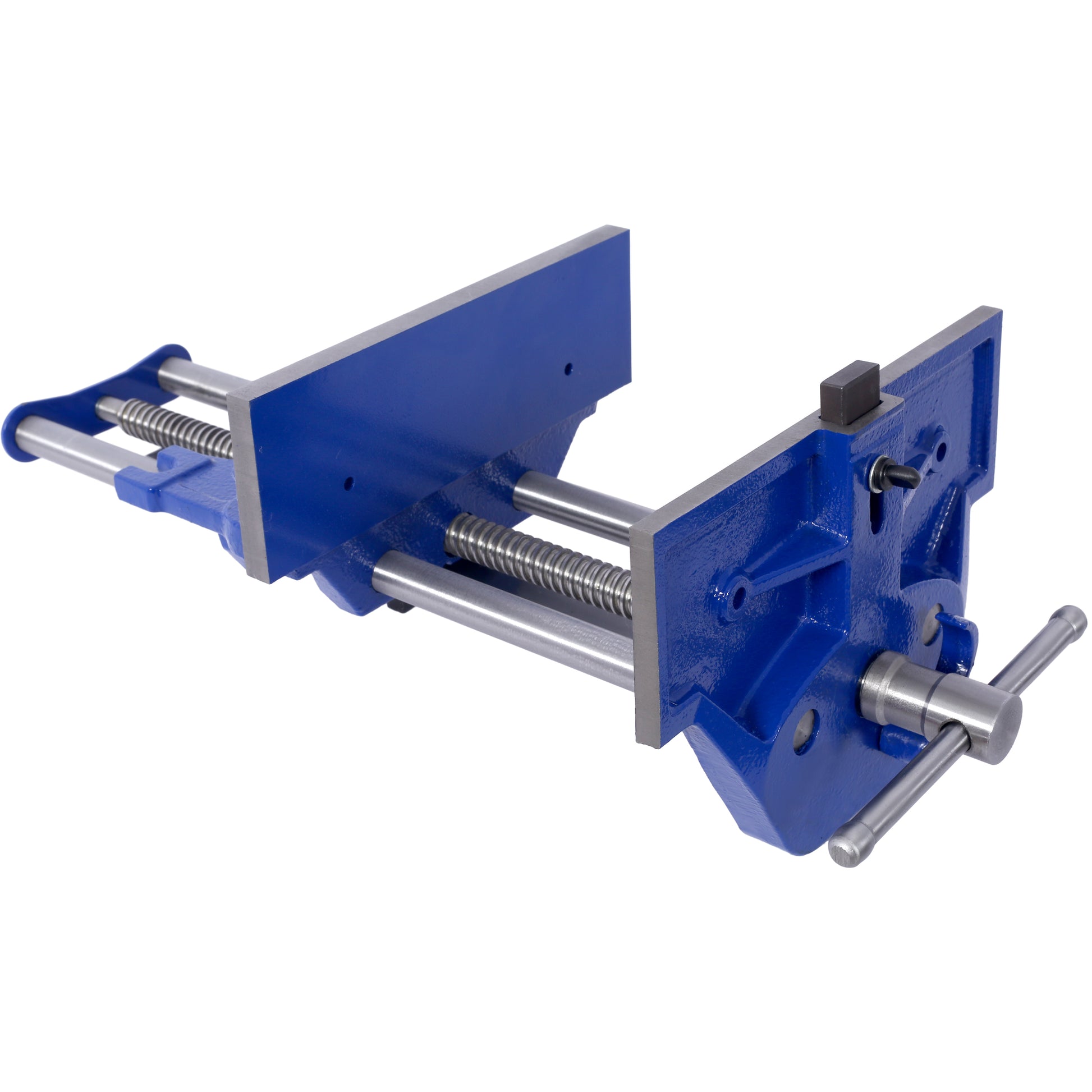 Heavyduty woodworking vise with bright blue powdercoated cast iron base and steel screw rod