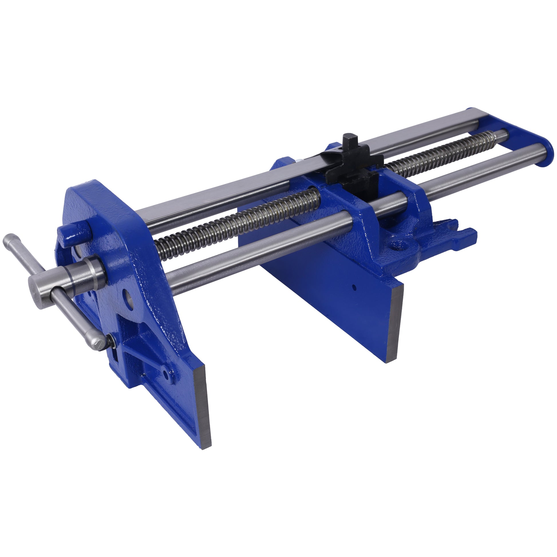 Blue metal woodworking bench vise with silver screw mechanism and handle