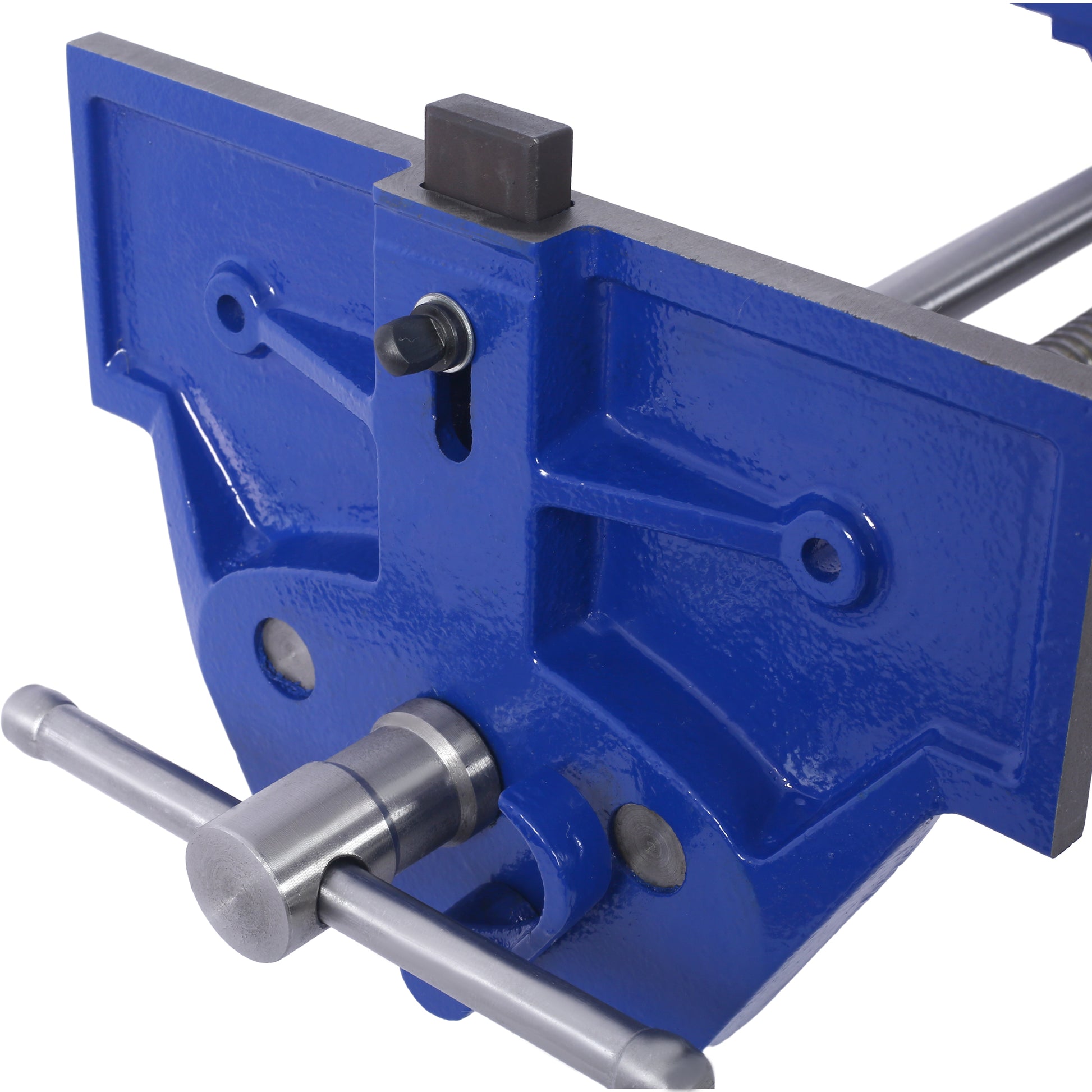 Heavy duty blue metal bench vise with steel jaws for secure clamping during woodworking projects