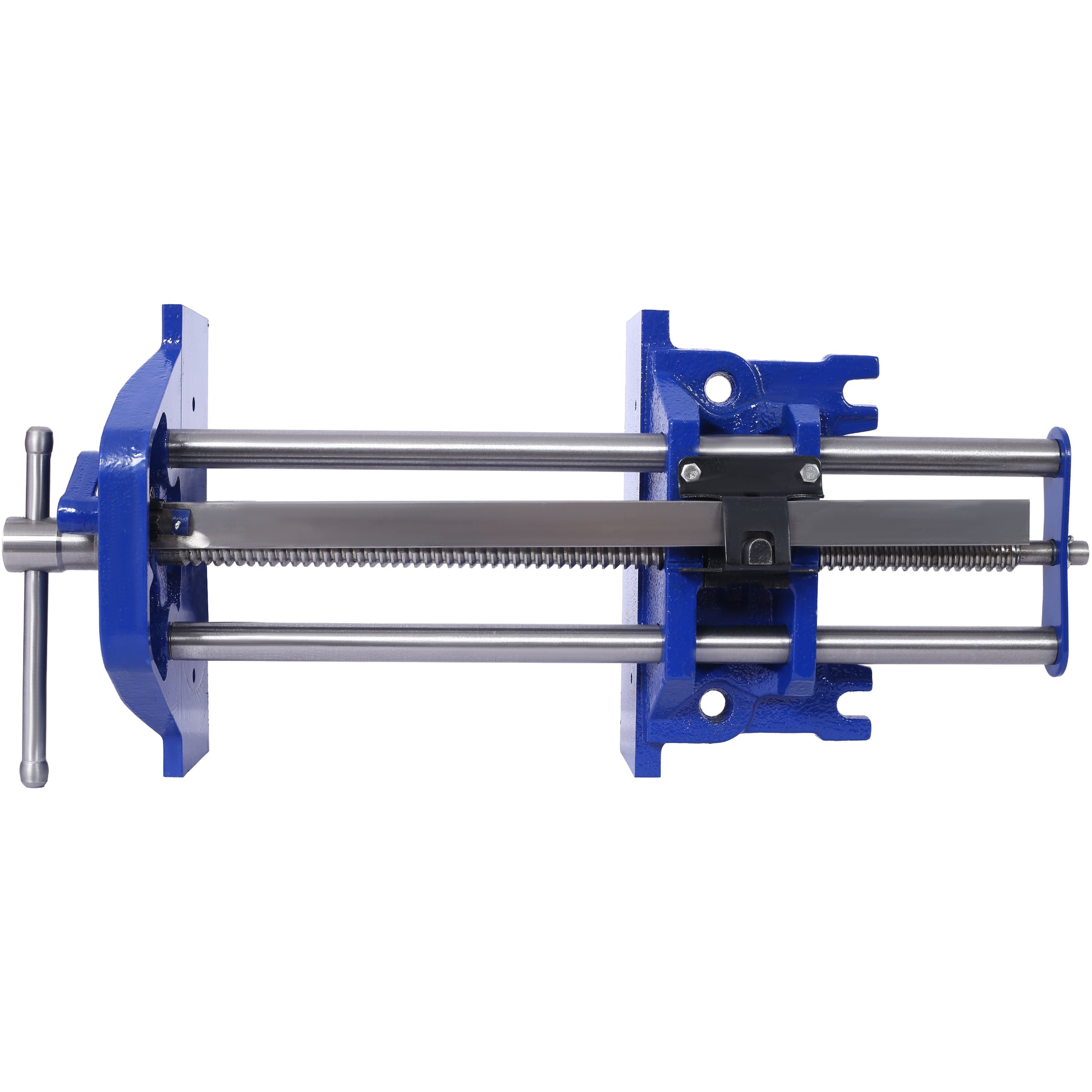 Blue steel woodworking vise with a dual guiding rod system for precise clamping