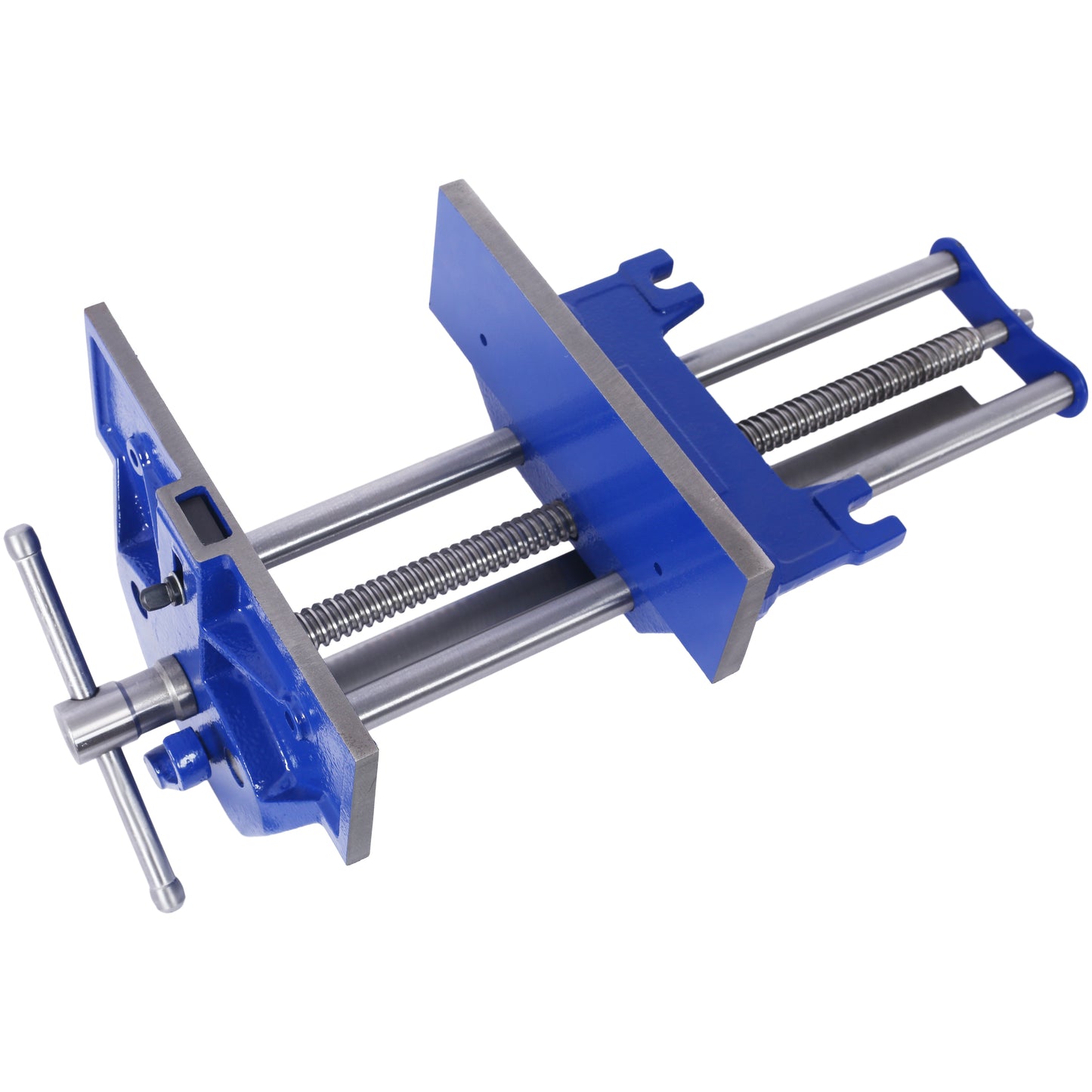 Blue cast iron woodworking vise with twin screw mechanism for secure clamping
