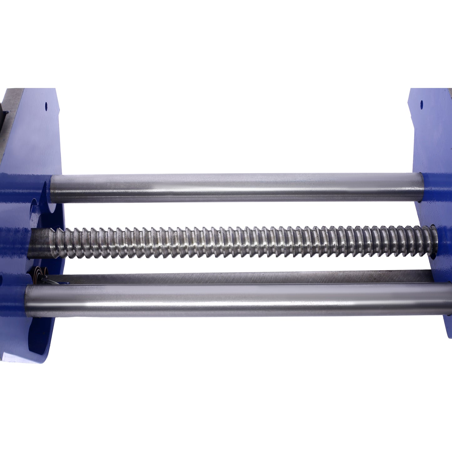 Blue metal bench vise detail with threaded screw shaft and guide rods