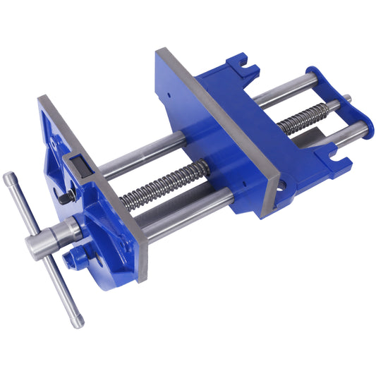Blue steel bench vise with metal handle and dual springs for woodworking projects