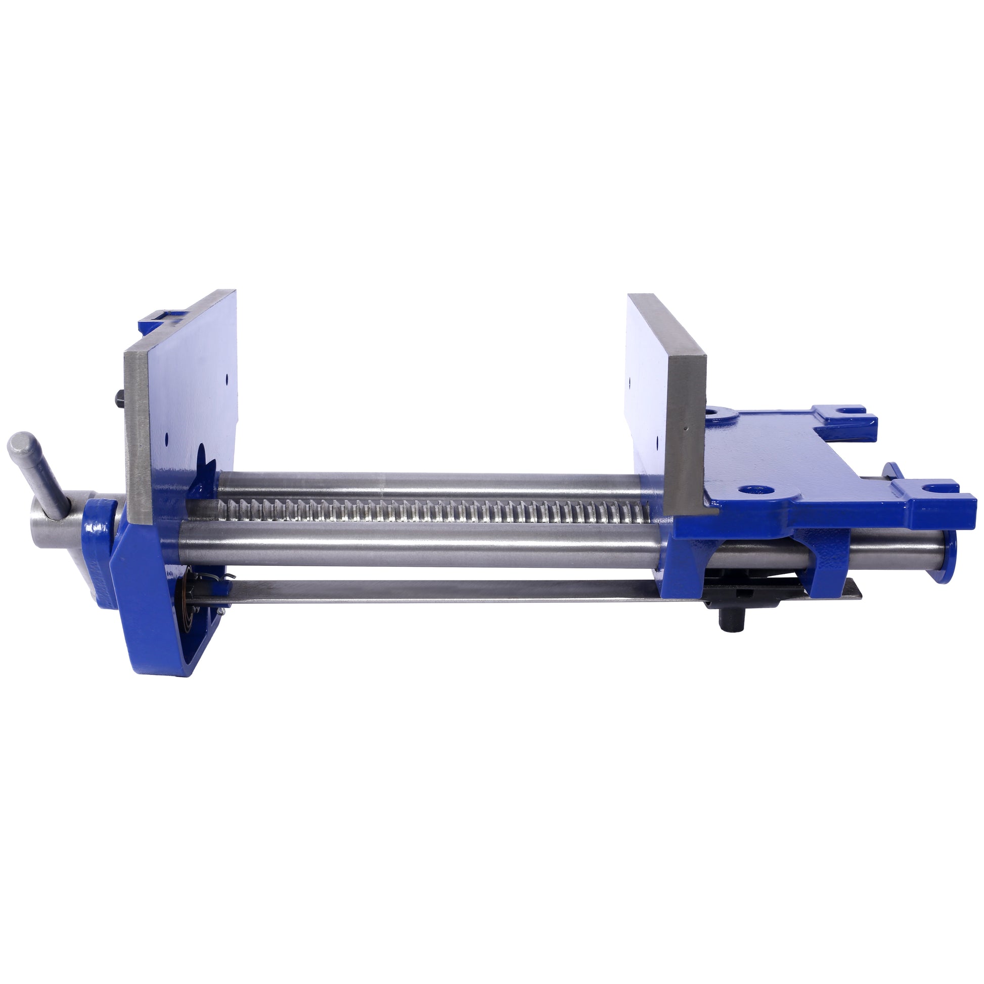 Blue metal bench vise with silver threaded rod and handle for woodworking