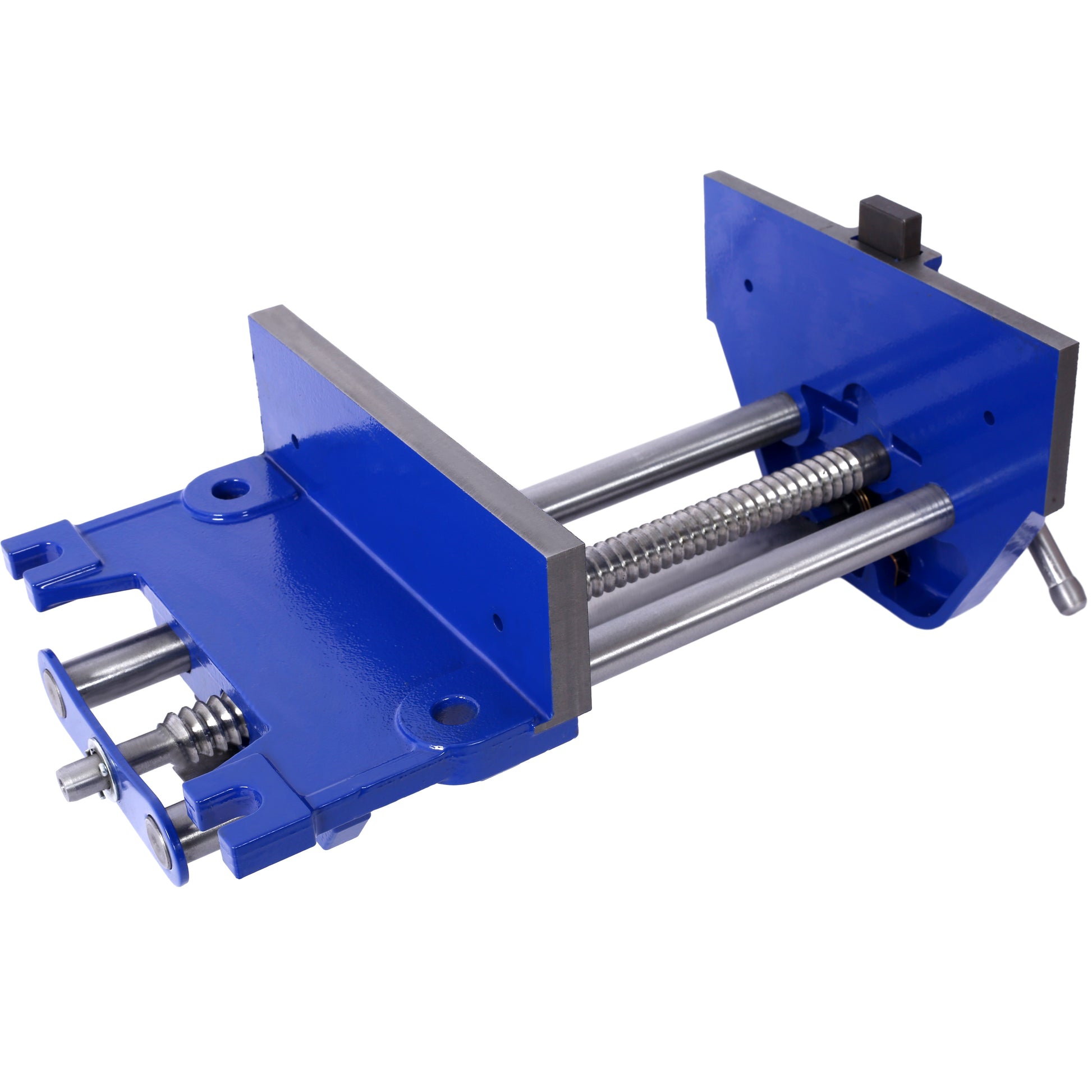 Blue metal woodworking vise with silver screw mechanism and parallel jaw guides