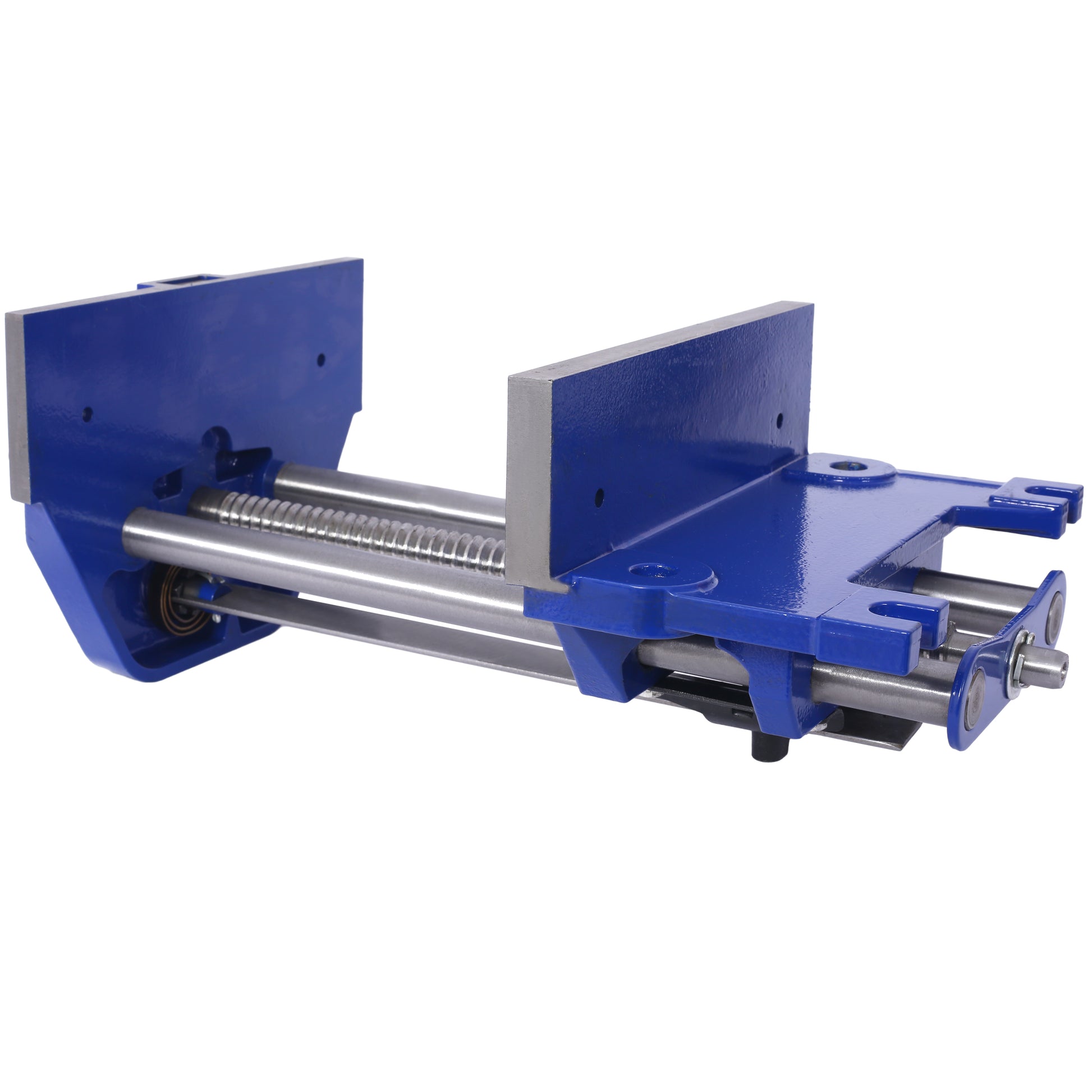 Blue metal vise with threaded rod and steel guides for woodworking