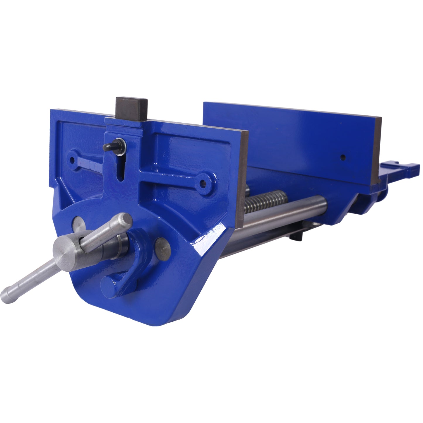 Blue cast iron woodworking vise with steel spindle and quickrelease lever for bench mounting