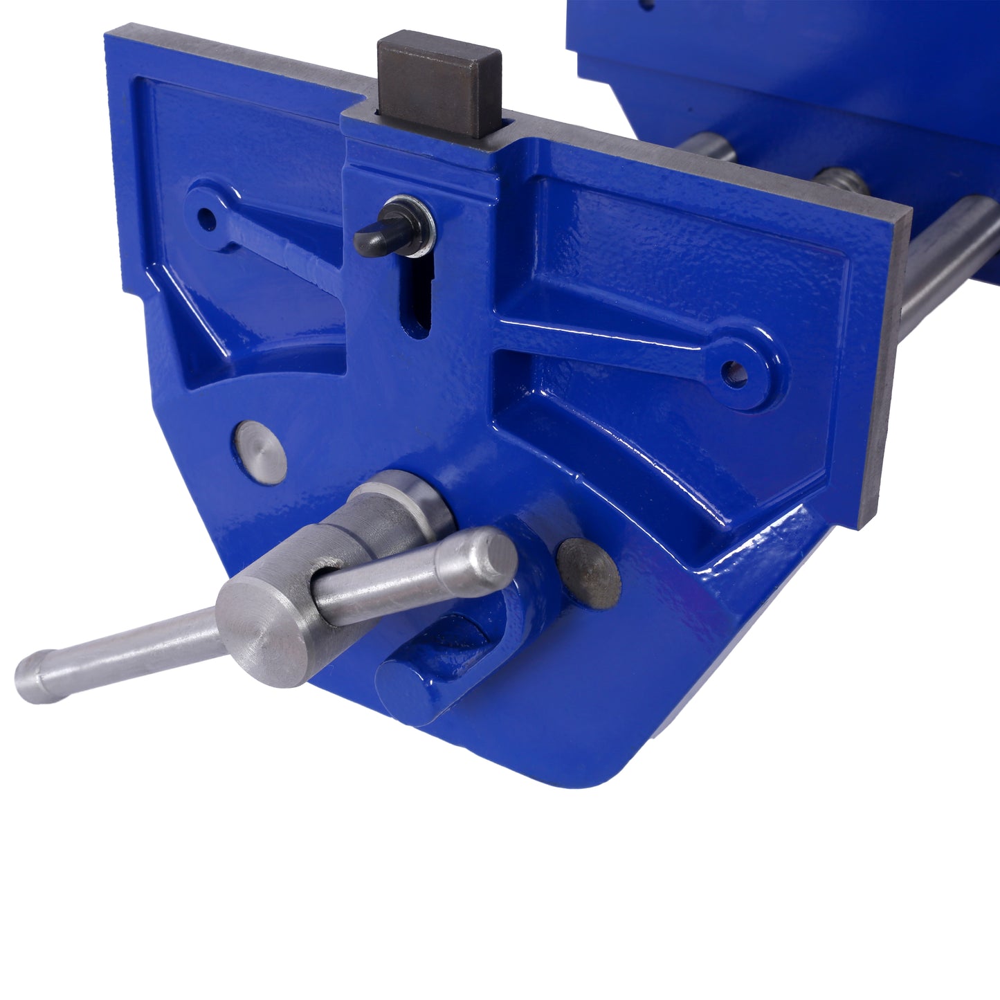 Blue metal woodworking bench vise with silver handle and adjustable jaw for precision work