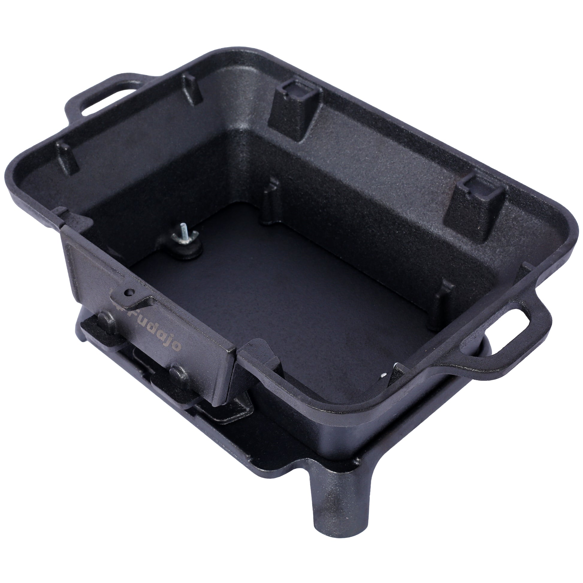 Black cast iron rectangular grill pan with handles and integrated legs