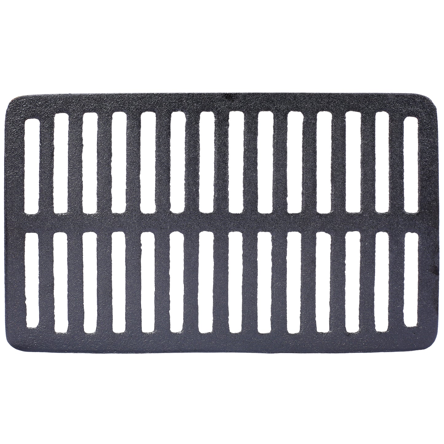 Rectangular black cast iron grate with parallel slots for drainage