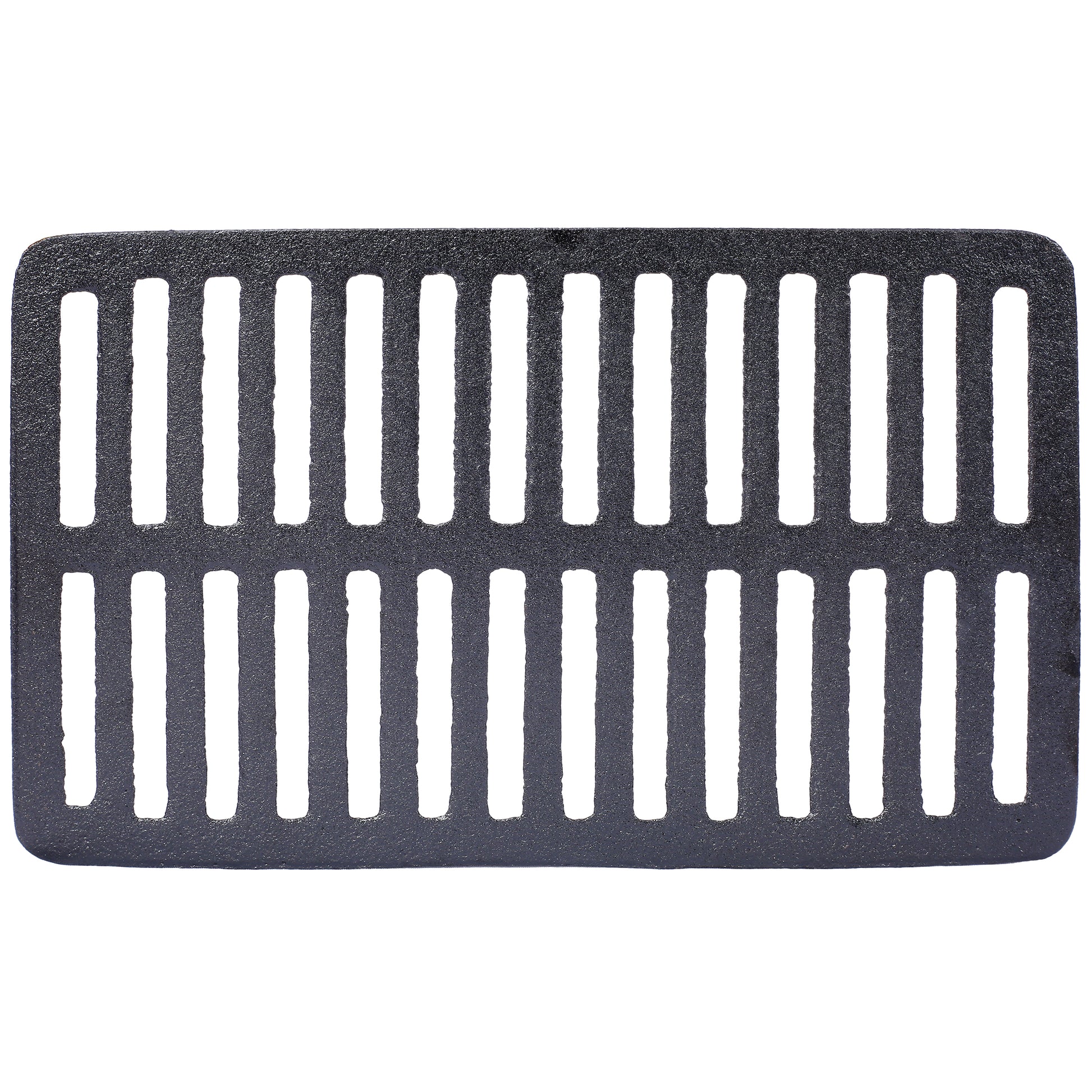 Rectangular black cast iron grate with parallel slots for drainage