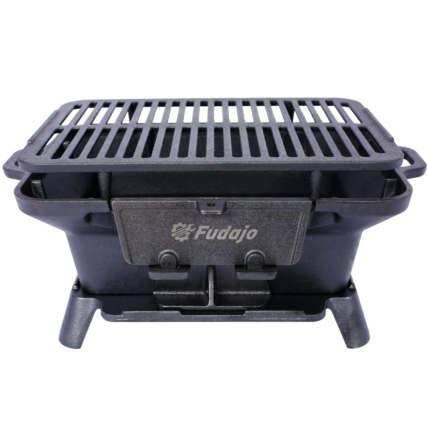 Black cast iron portable grill with slatted cooking surface and Fudajo logo