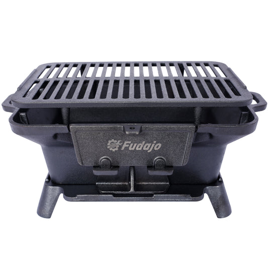 Black cast iron portable grill with slatted cooking surface and Fudajo logo