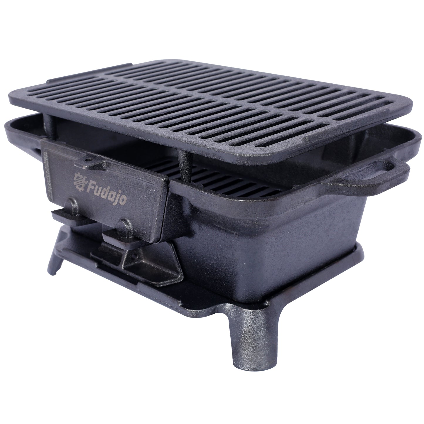 Black cast iron portable grill with Fudajo logo ideal for outdoor cooking