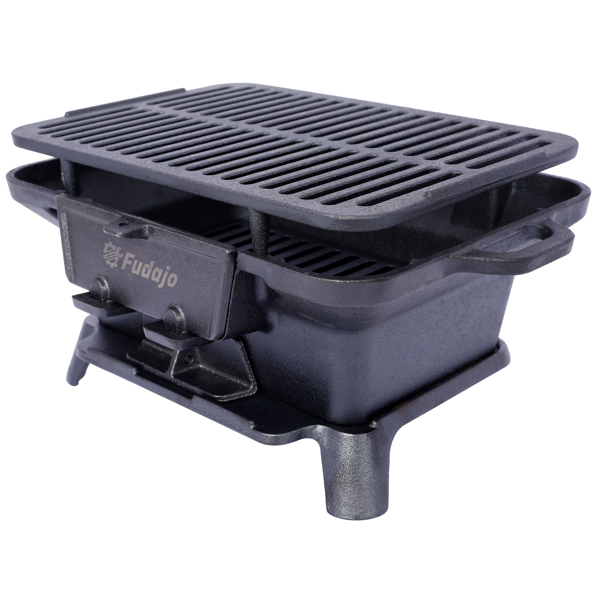 Black cast iron portable grill with Fudajo logo ideal for outdoor cooking