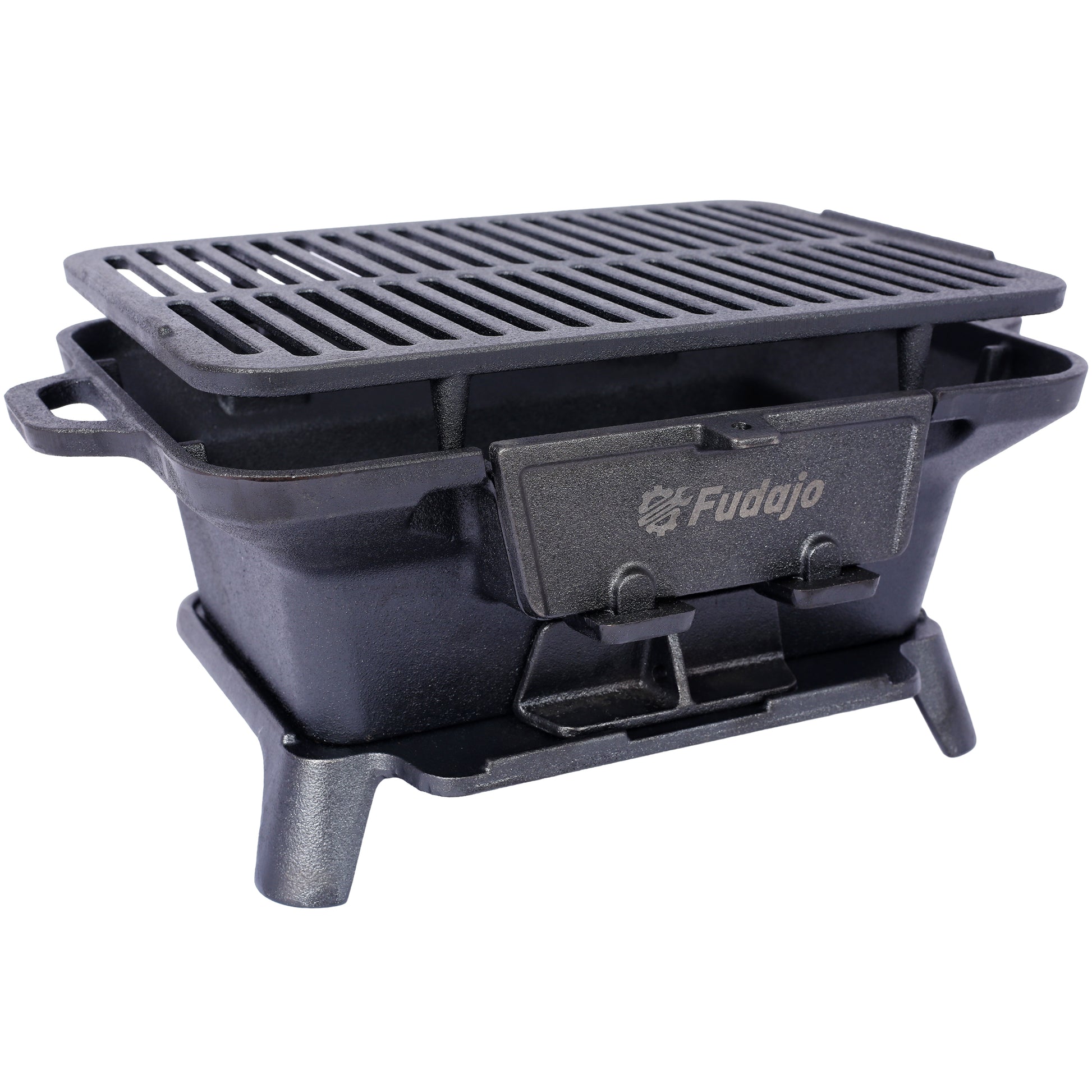 Black cast iron portable grill with removable grate ideal for outdoor cooking