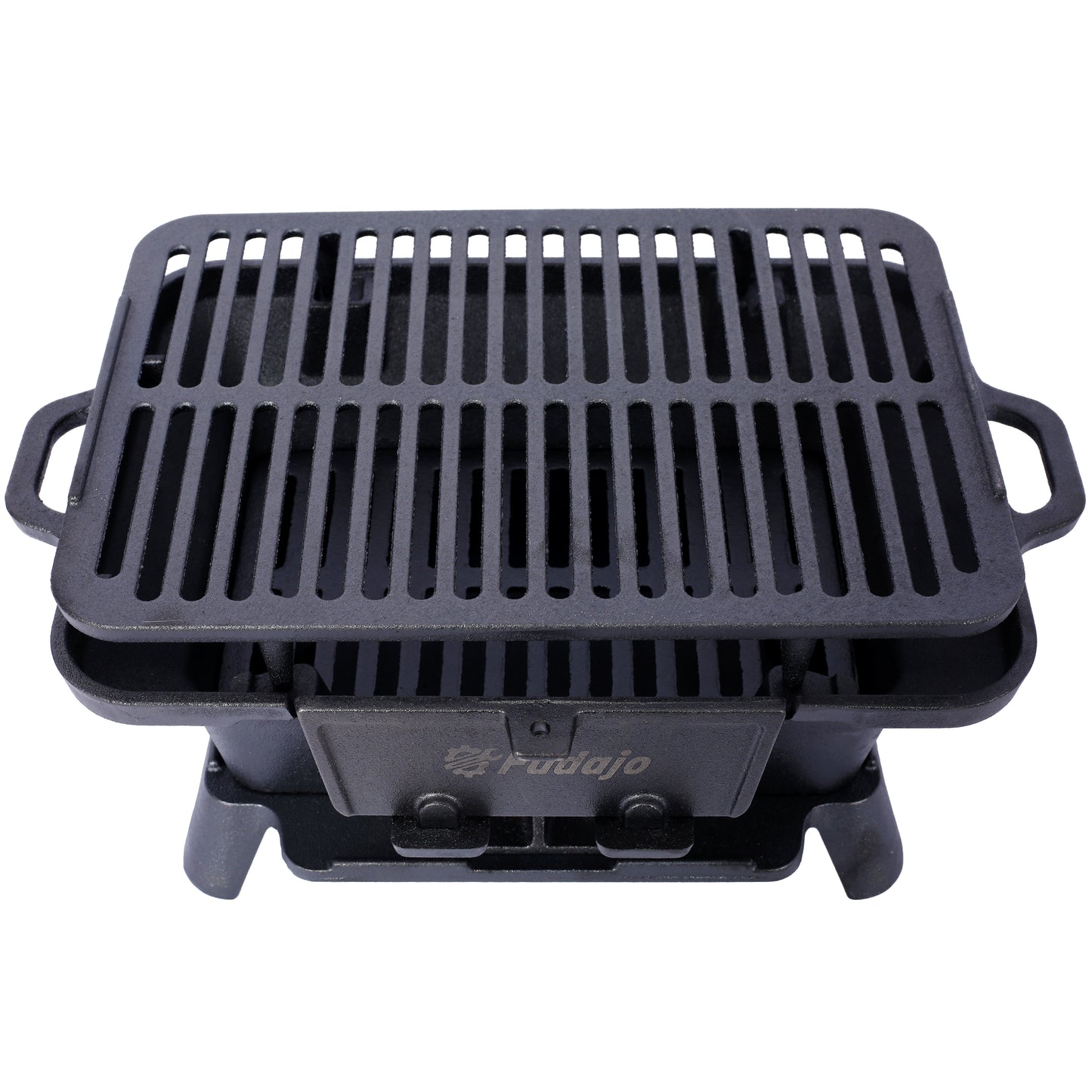 Black cast iron portable grill with sturdy side handles and embossed logo