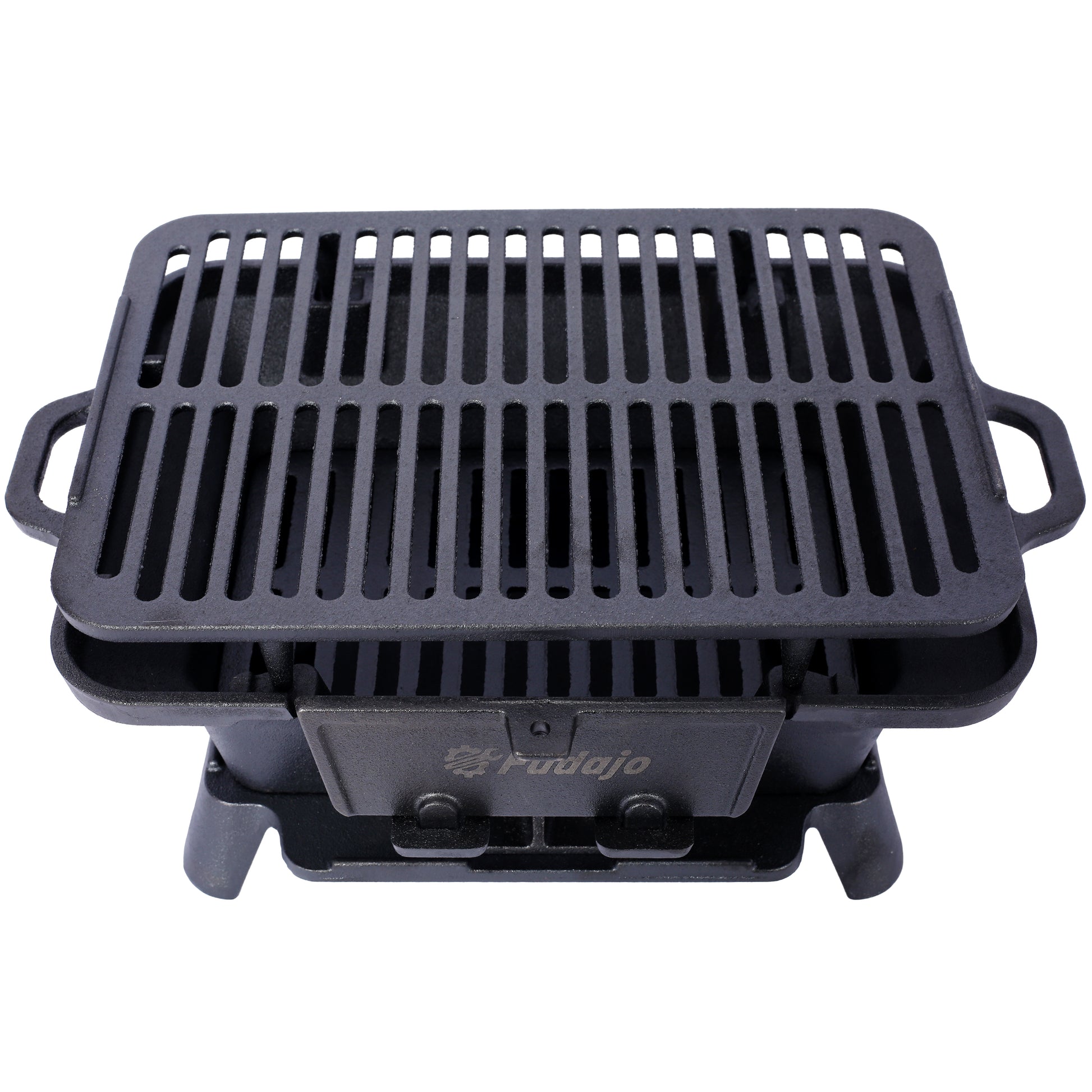 Black cast iron portable grill with sturdy side handles and embossed logo
