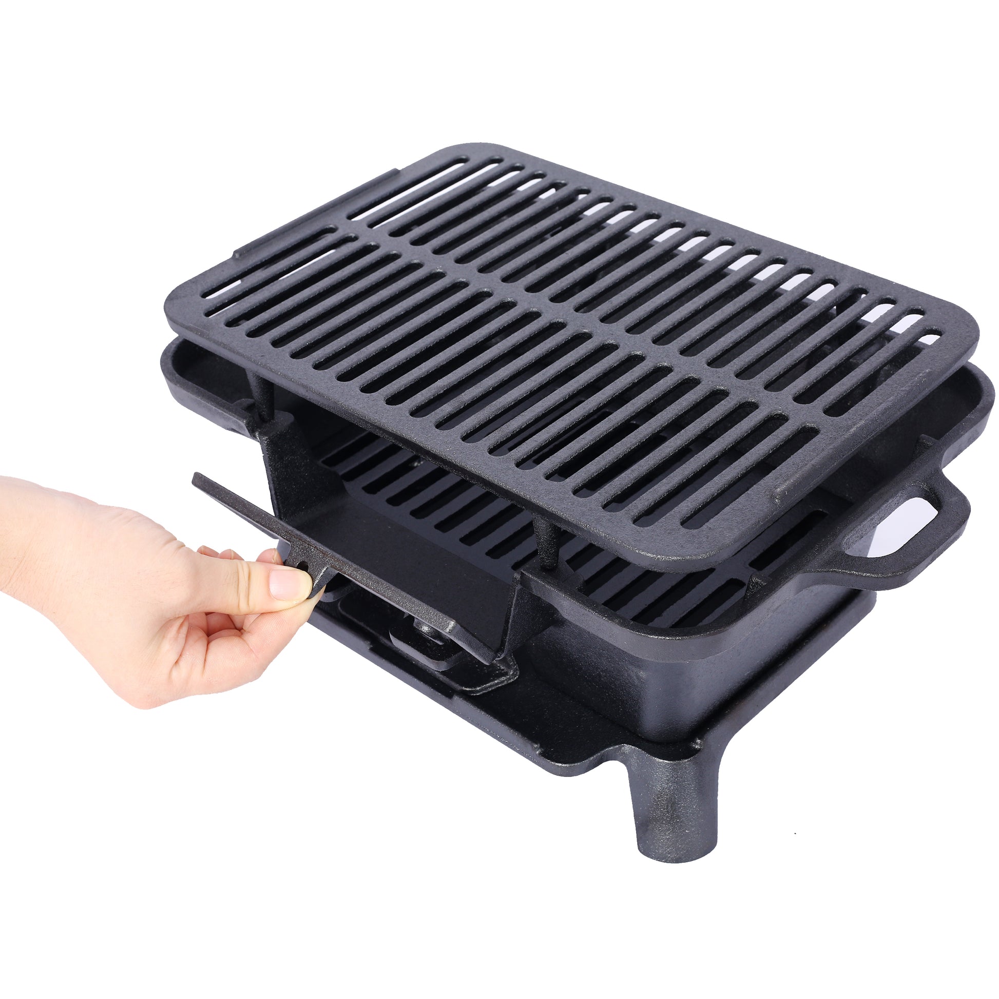 Black cast iron grill grate with removable drip pan perfect for outdoor cooking