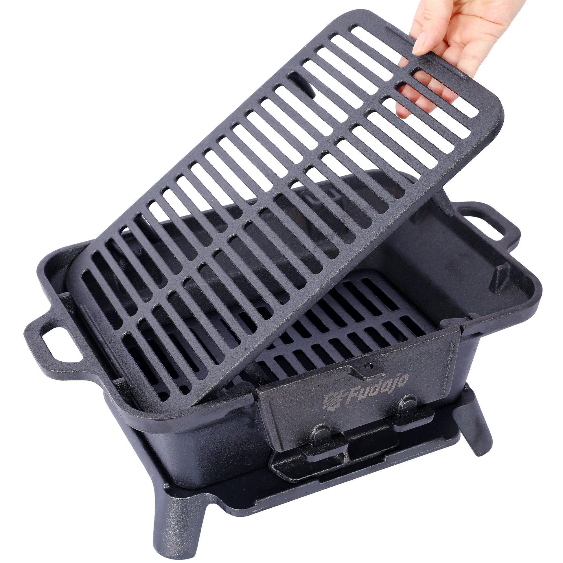 Black cast iron portable grill with removable grate ideal for camping