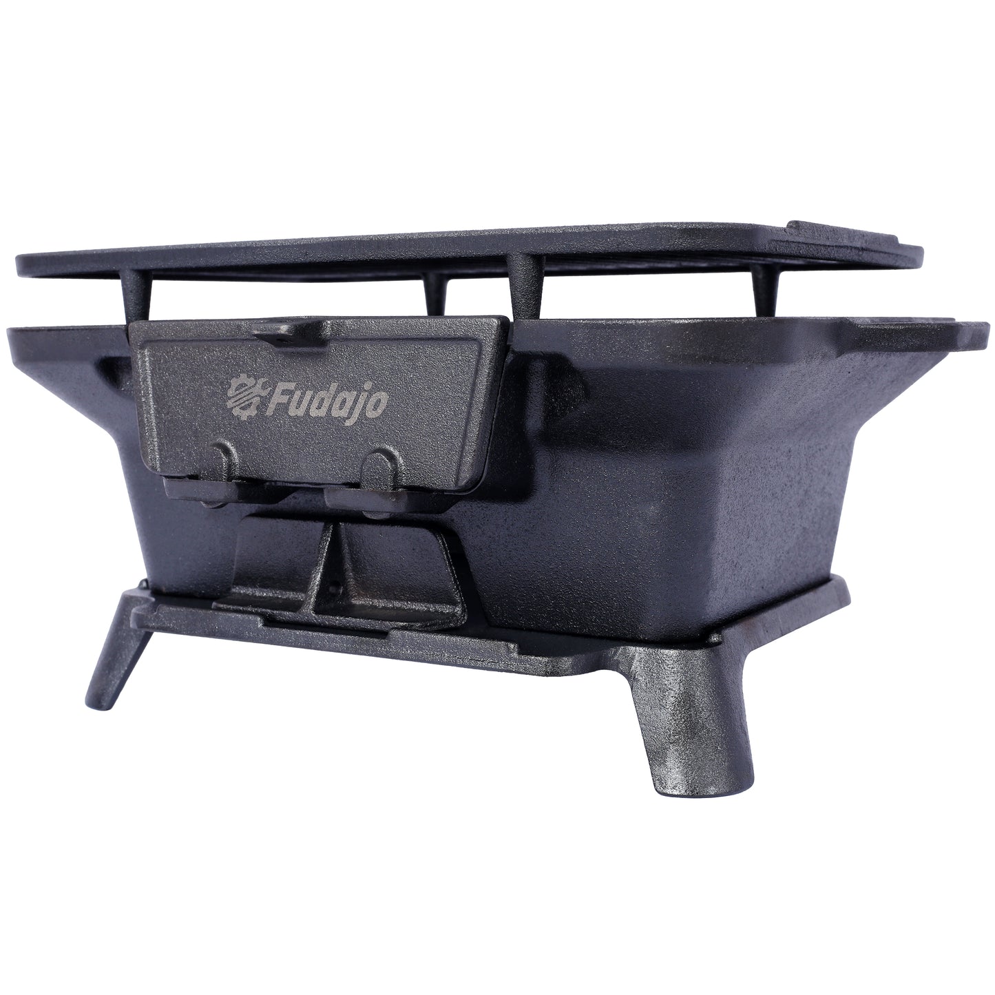 Durable black cast iron hibachi grill with a removable grate and ash catcher for outdoor cooking