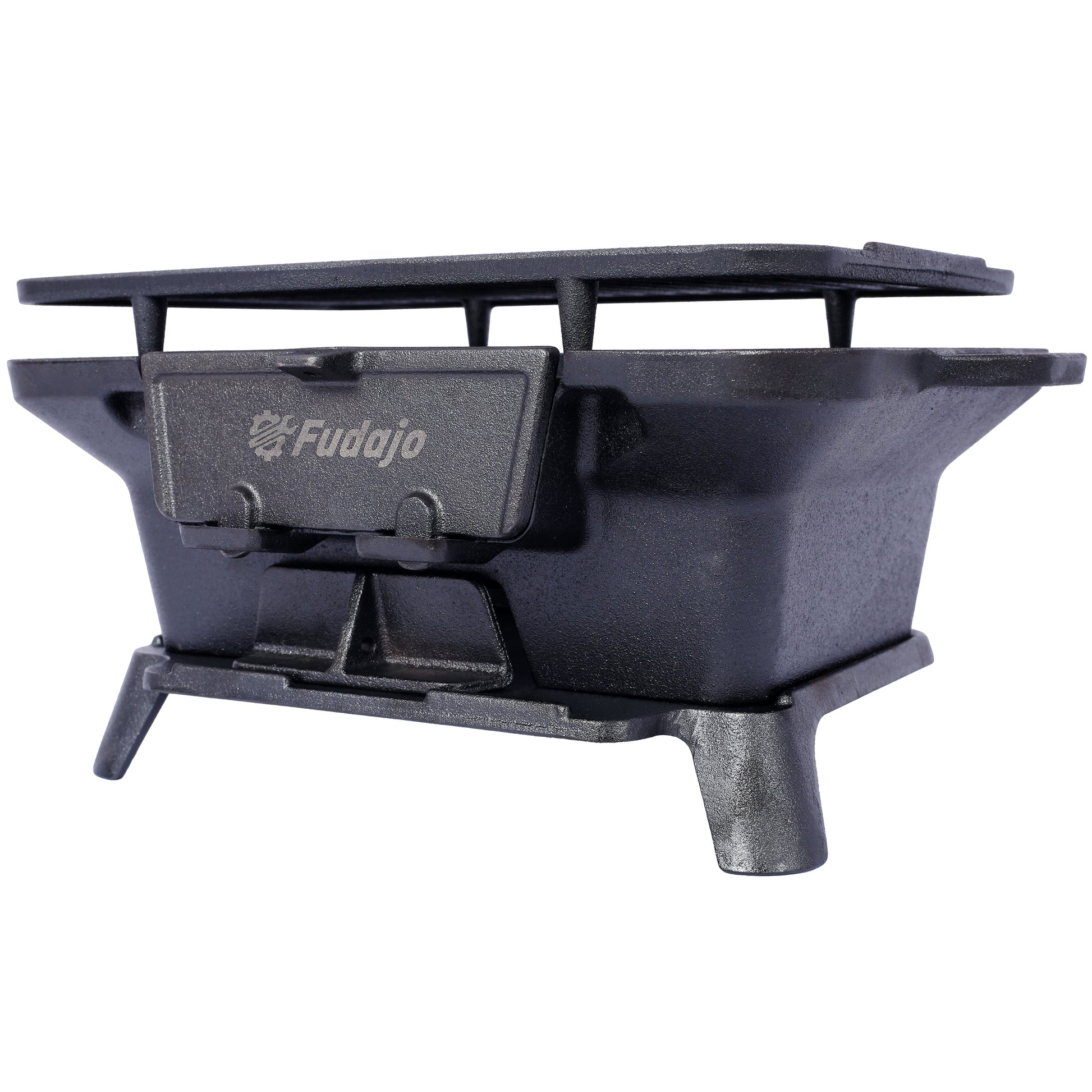 Durable black cast iron hibachi grill with a removable grate and ash catcher for outdoor cooking