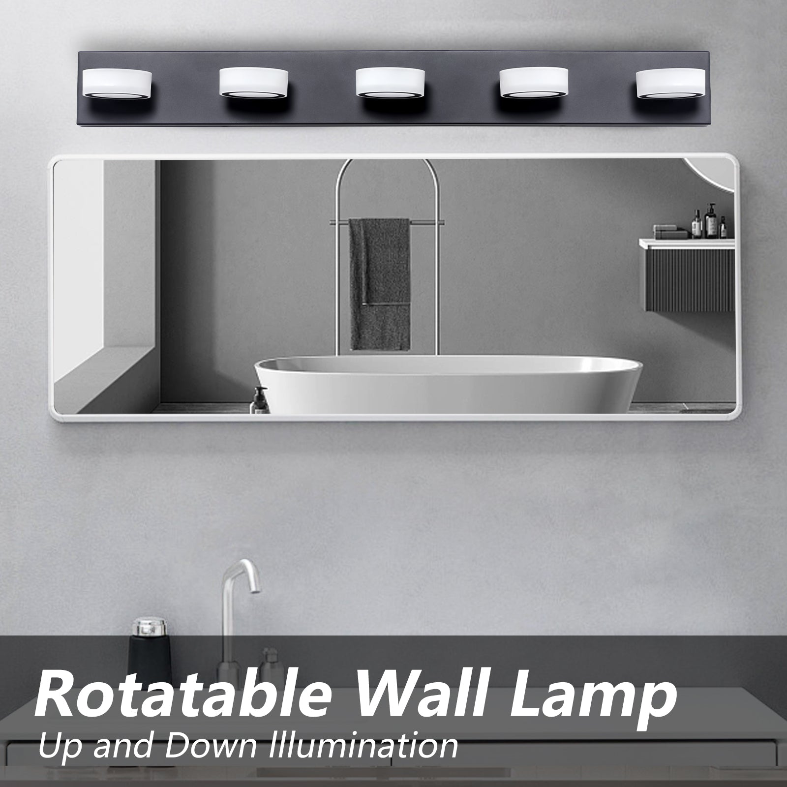 Fivelight black bathroom vanity light with rotatable frosted white glass shades