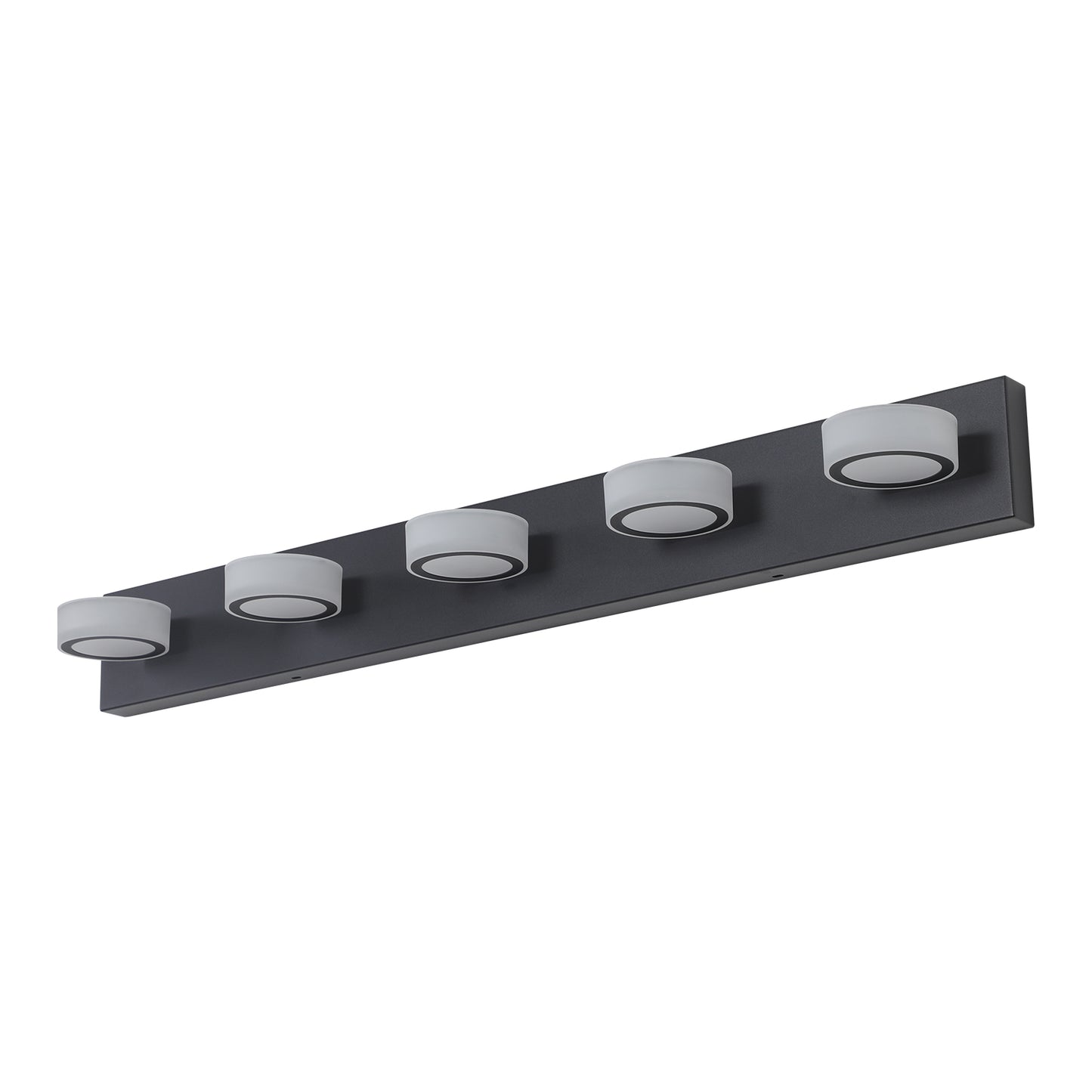 Dark grey fivelight bathroom vanity bar light with frosted glass shades