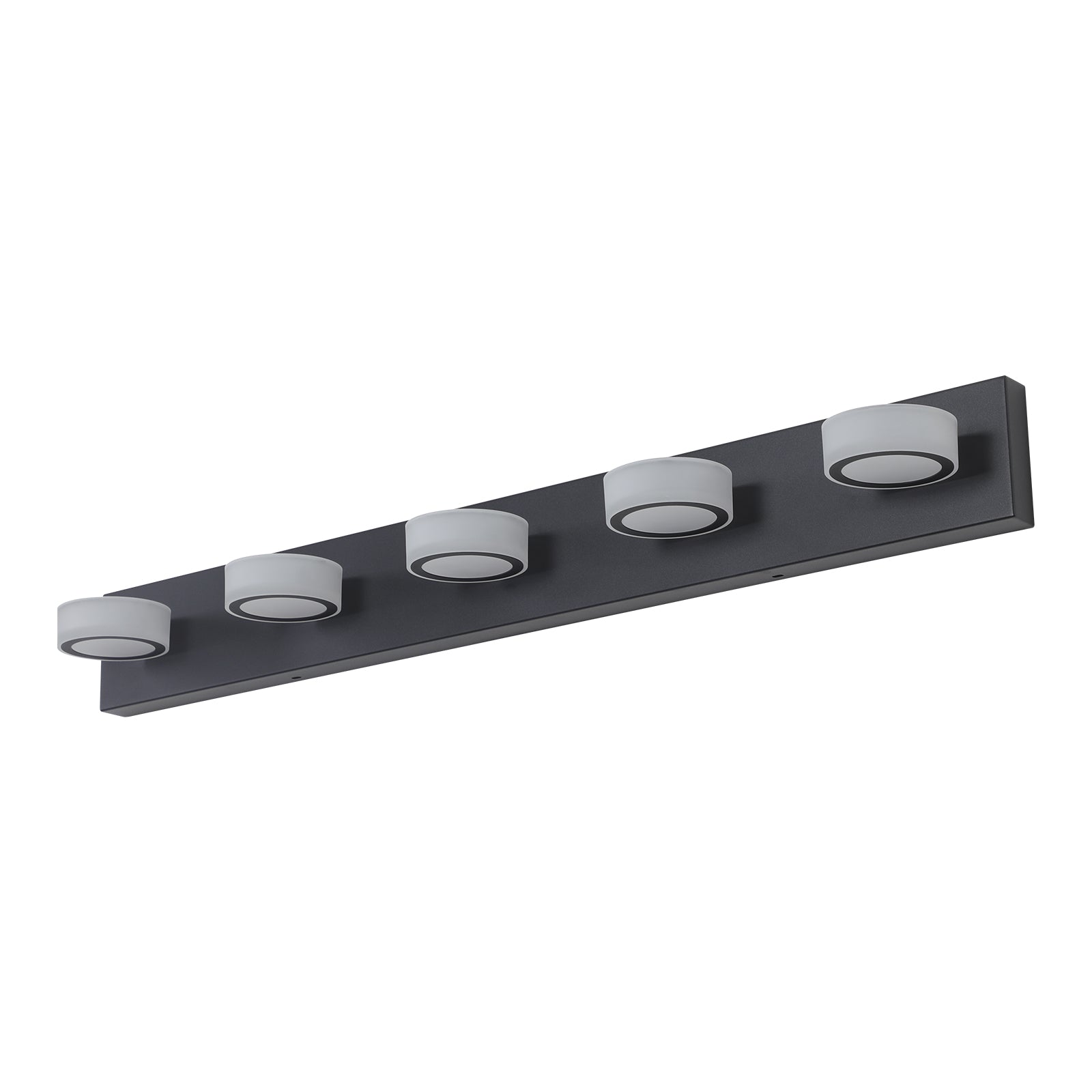 Dark grey fivelight bathroom vanity bar light with frosted glass shades