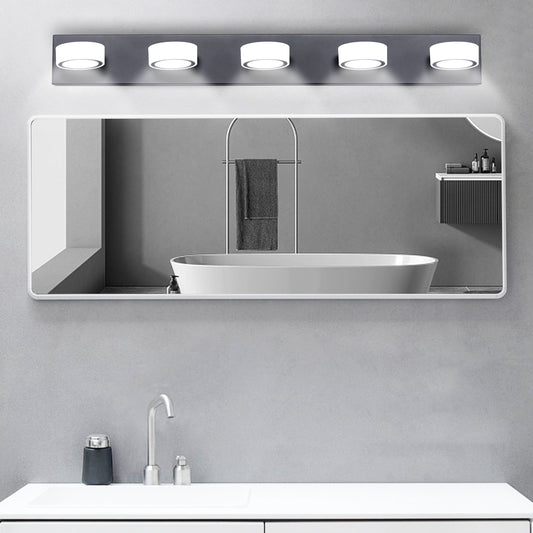Modern vanity light fixture with five circular LED lights in a brushed nickel finish