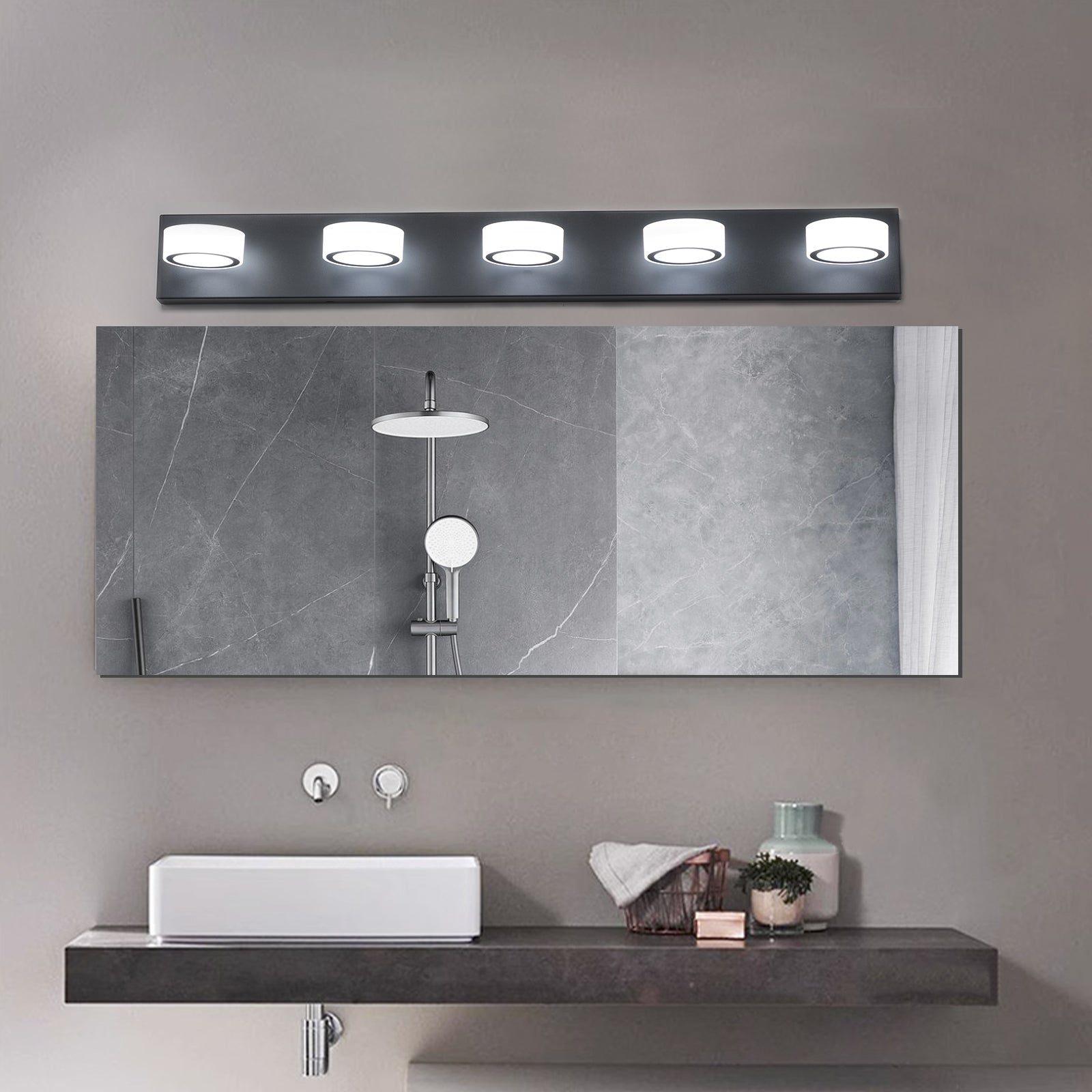 Modern light linear vanity light fixture with brushed nickel finish and white cylinder shades