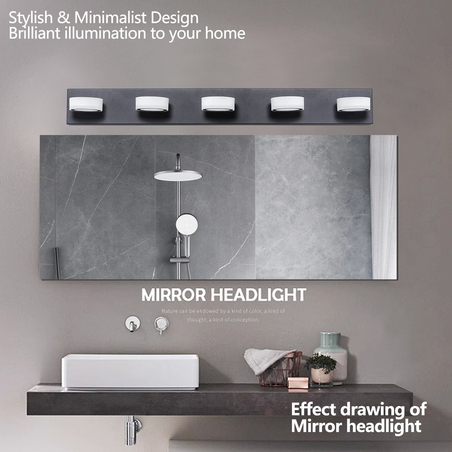 Black bathroom mirror headlight with five frosted white lights for modern vanity illumination