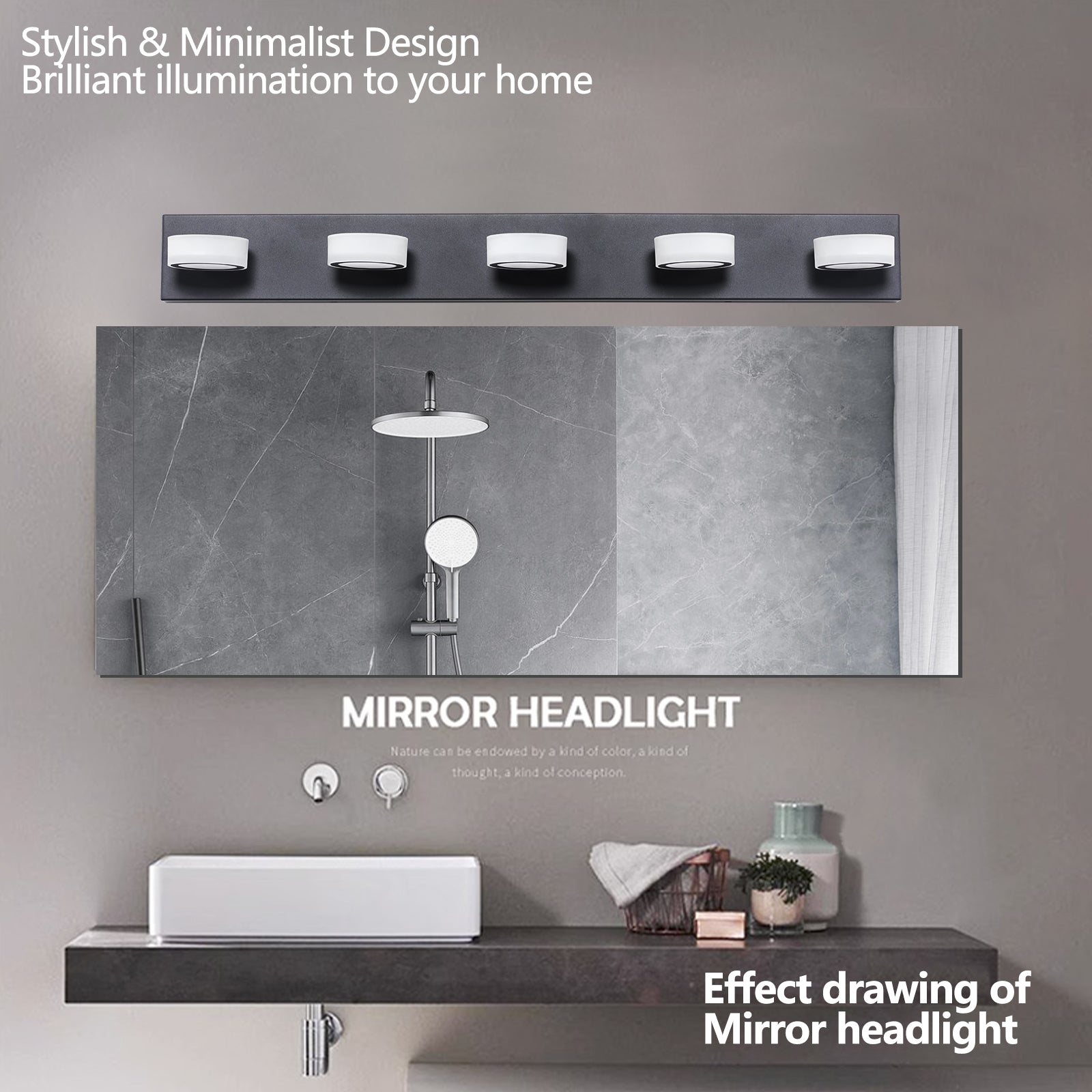 Black bathroom mirror headlight with five frosted white lights for modern vanity illumination