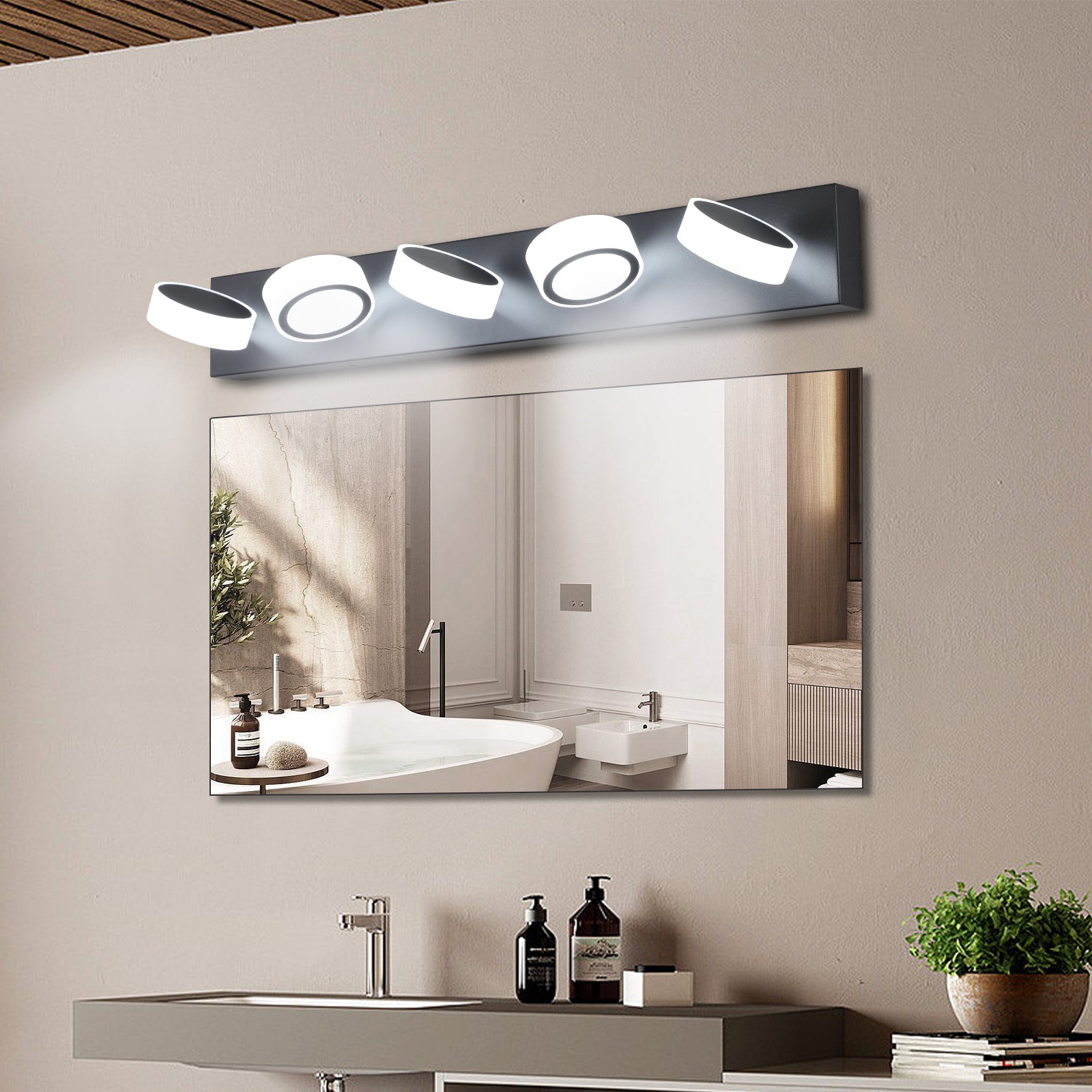 Modern black vanity light fixture with five adjustable white circular LED heads for bathroom
