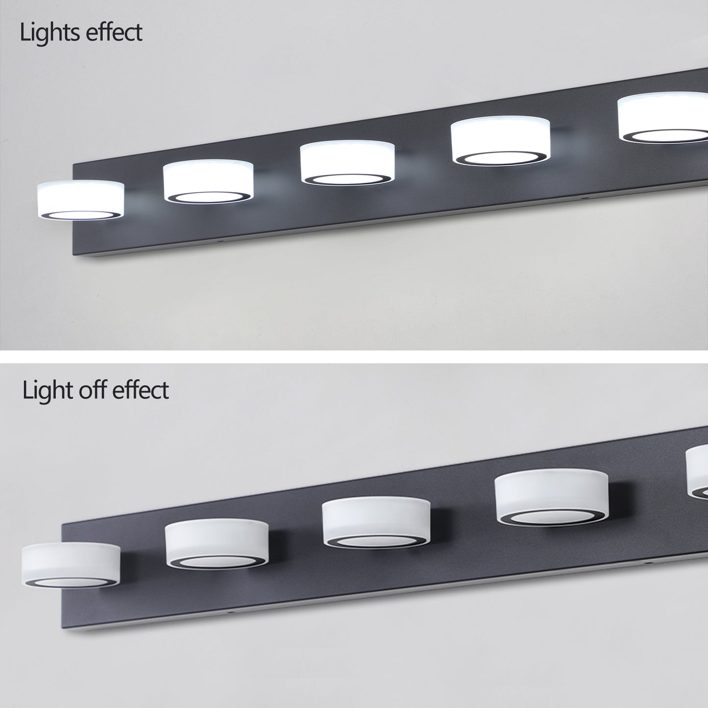 Modern fivelight vanity fixture with white frosted glass shades and black accents