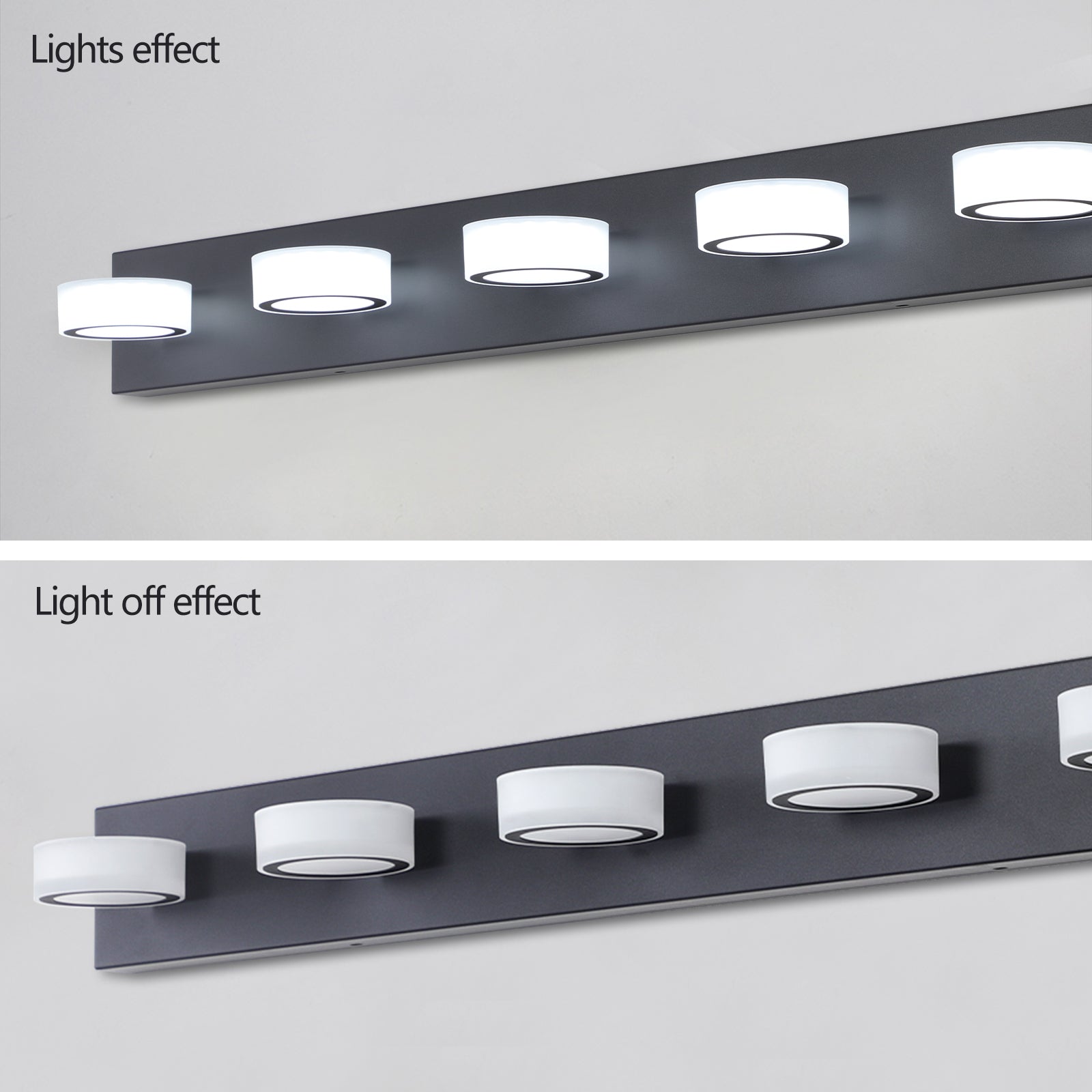 Modern fivelight vanity fixture with white frosted glass shades and black accents
