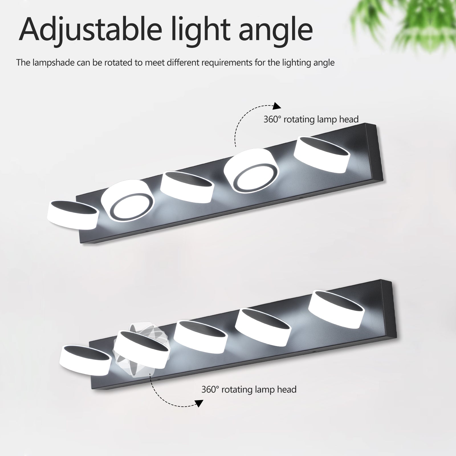 Modern black vanity light bar with four adjustable white LED lamp heads