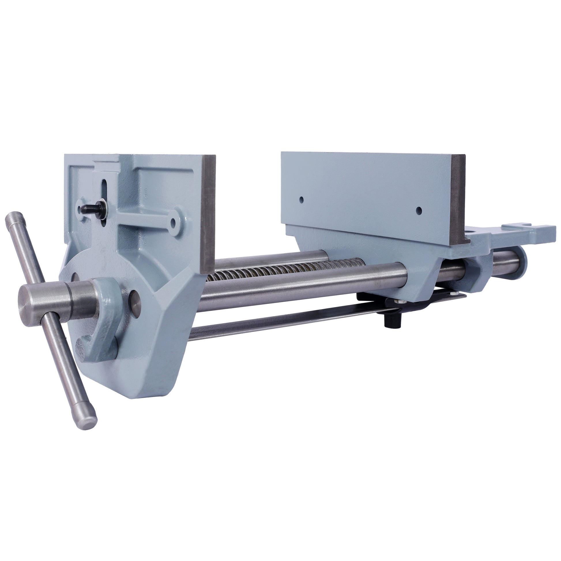 Gray cast iron woodworking vise with metal spindle and handle