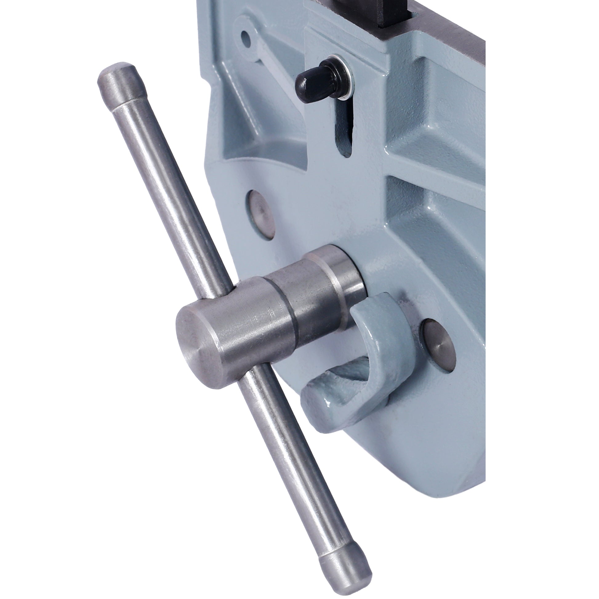 Heavyduty metal bench vise with a steel tightening handle for secure clamping