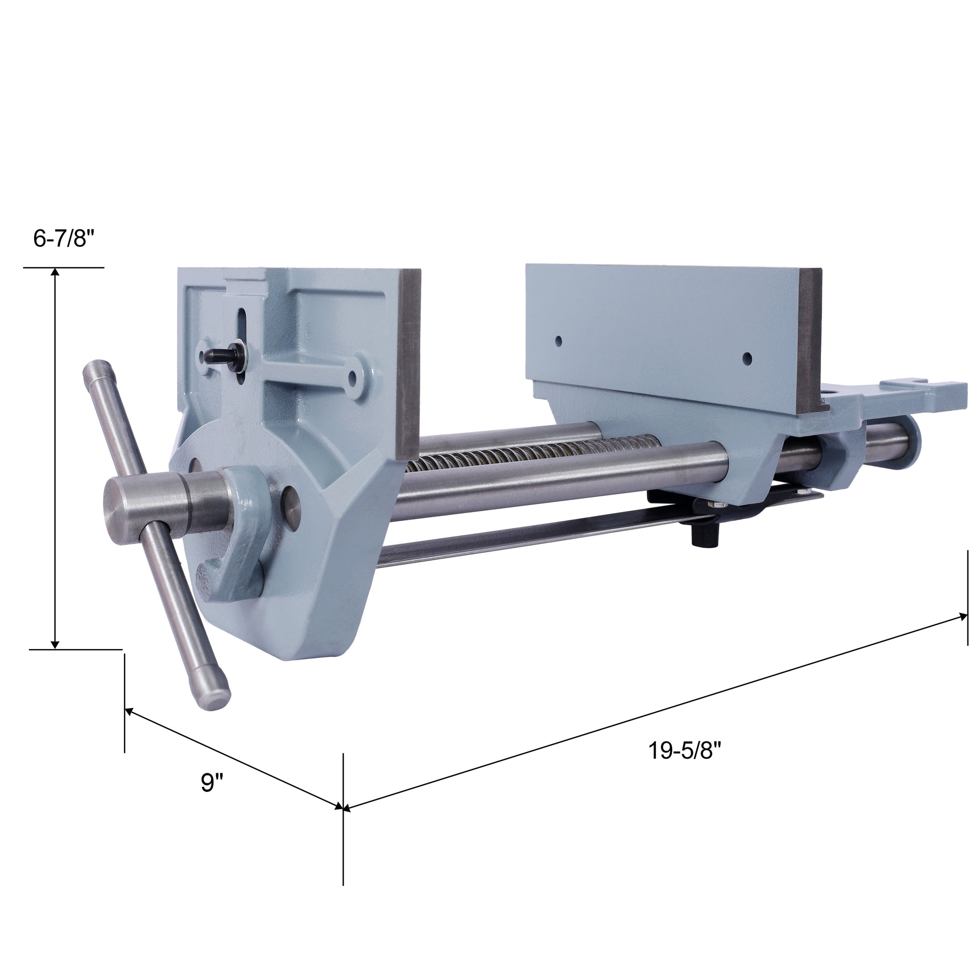 Gray metal woodworking vise with adjustable jaw and crank handle