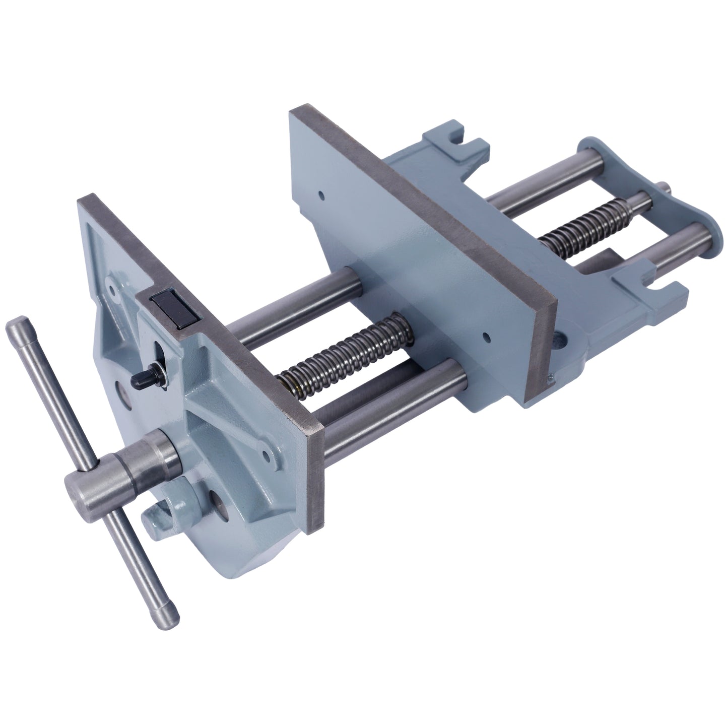 Gray metal bench vise with silver screw mechanism and handle for woodworking