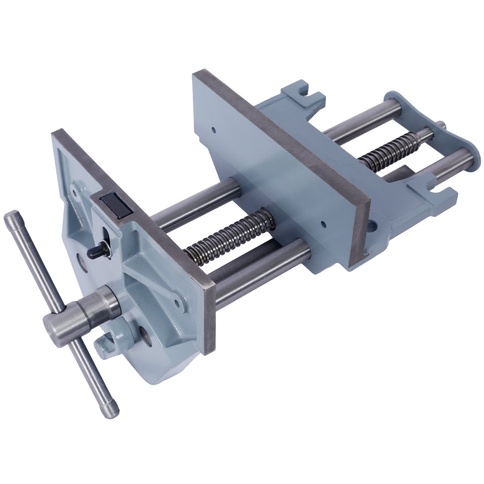 Gray metal bench vise with silver screw mechanism and handle for woodworking