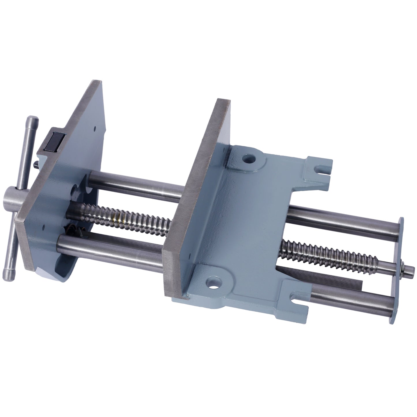 Gray metal woodworking vise with steel screw mechanism and handle