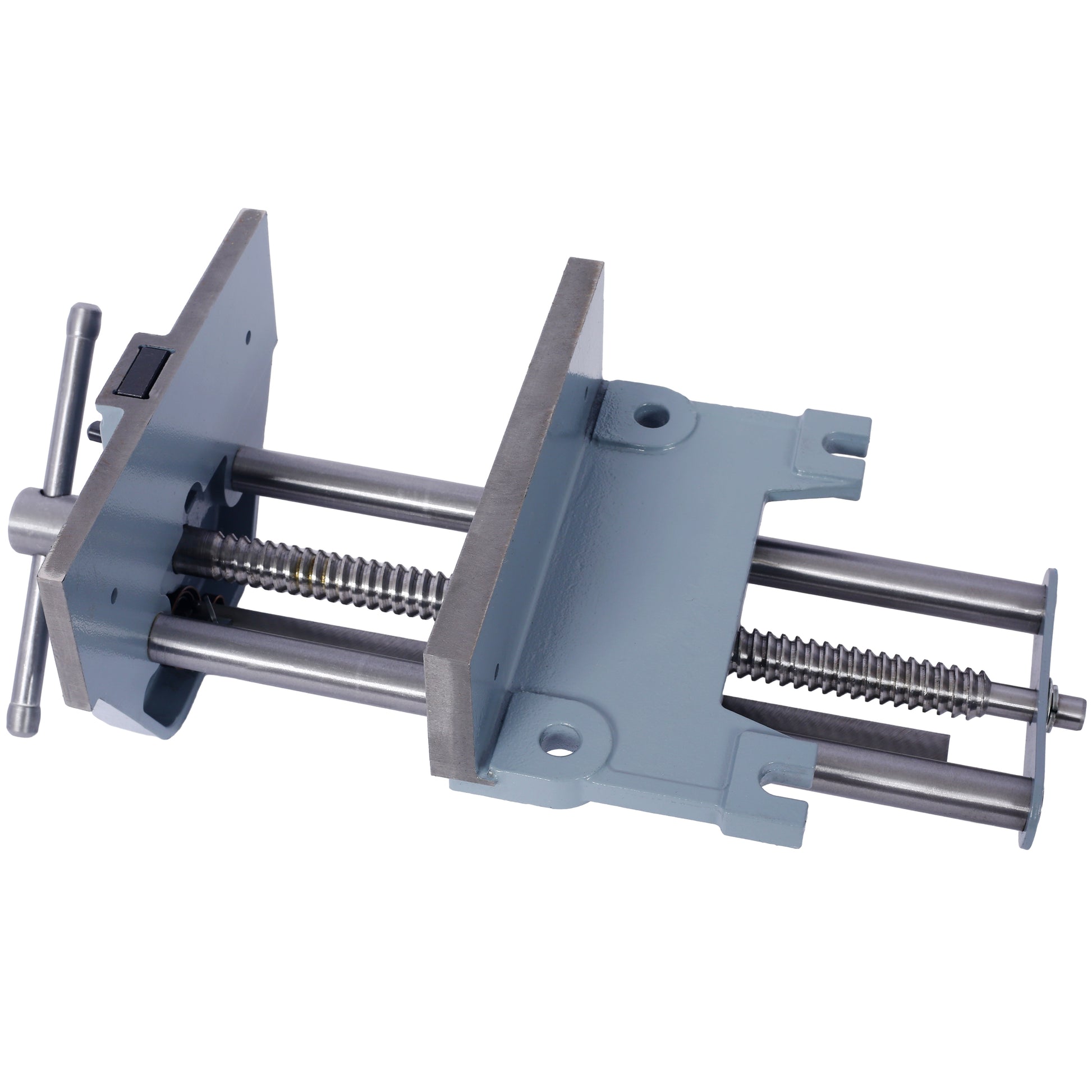 Gray metal woodworking vise with steel screw mechanism and handle