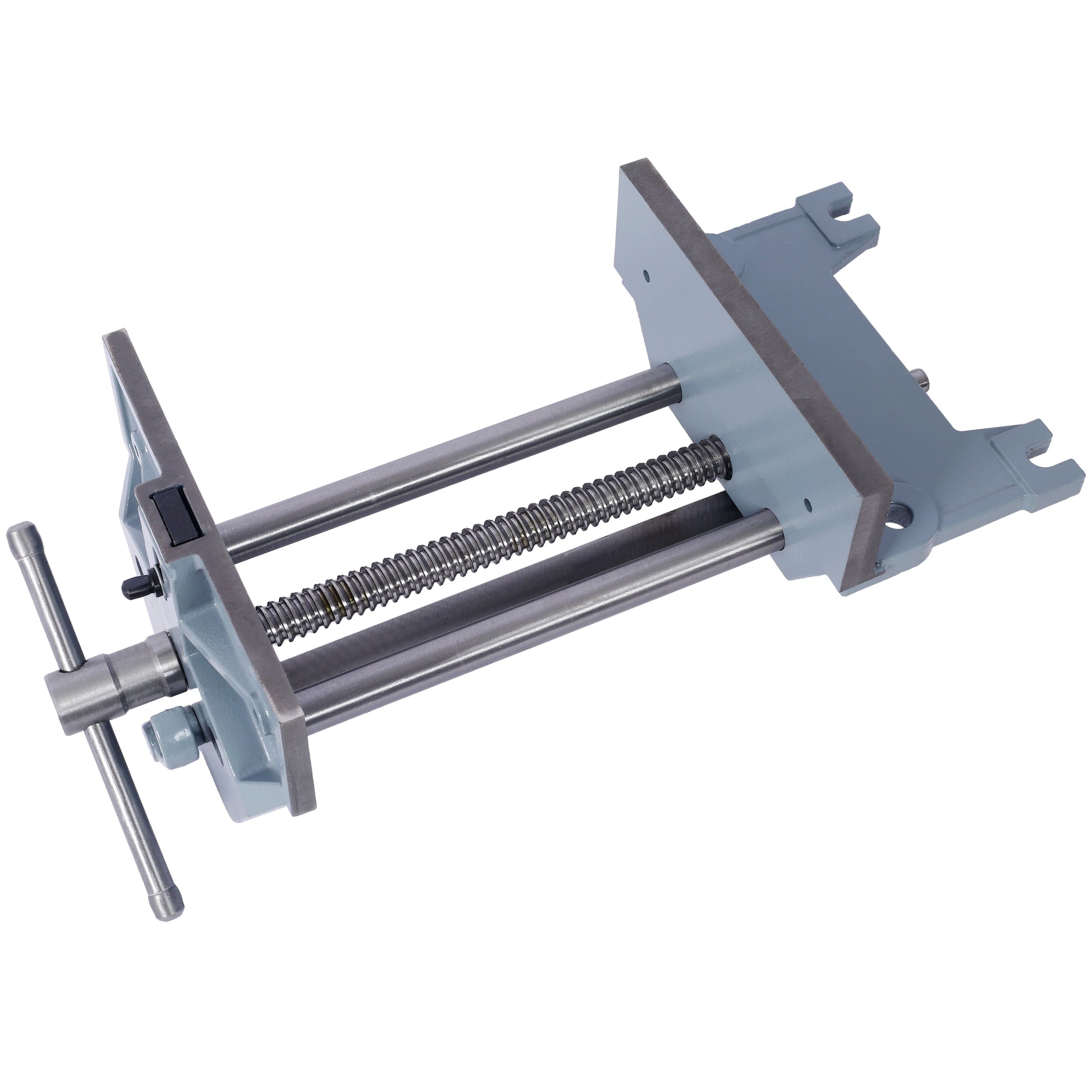 Gray metal woodworking vise with threaded screw and handle for bench mounting