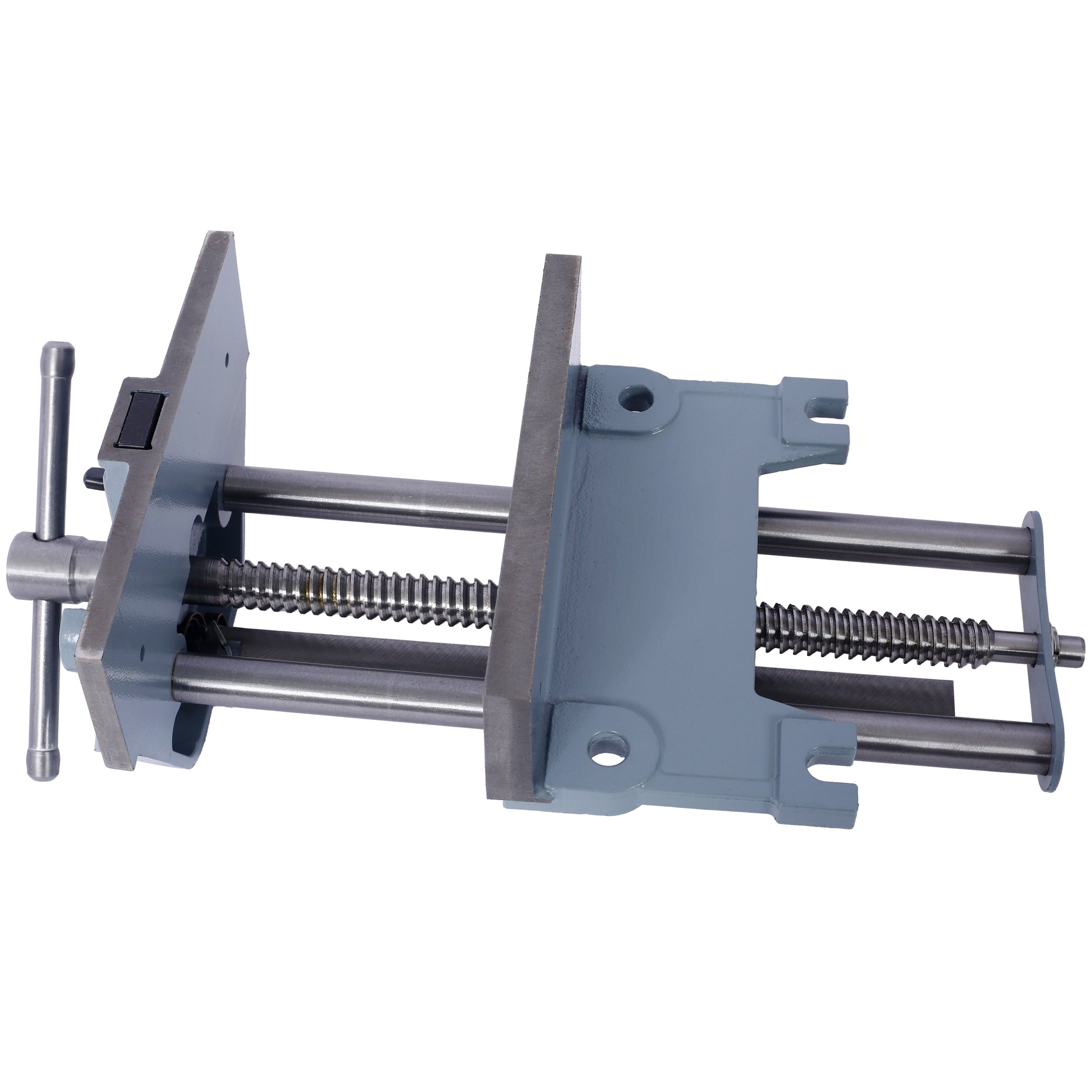 Grey metal woodworking vise with a threaded screw and handle for workshop use