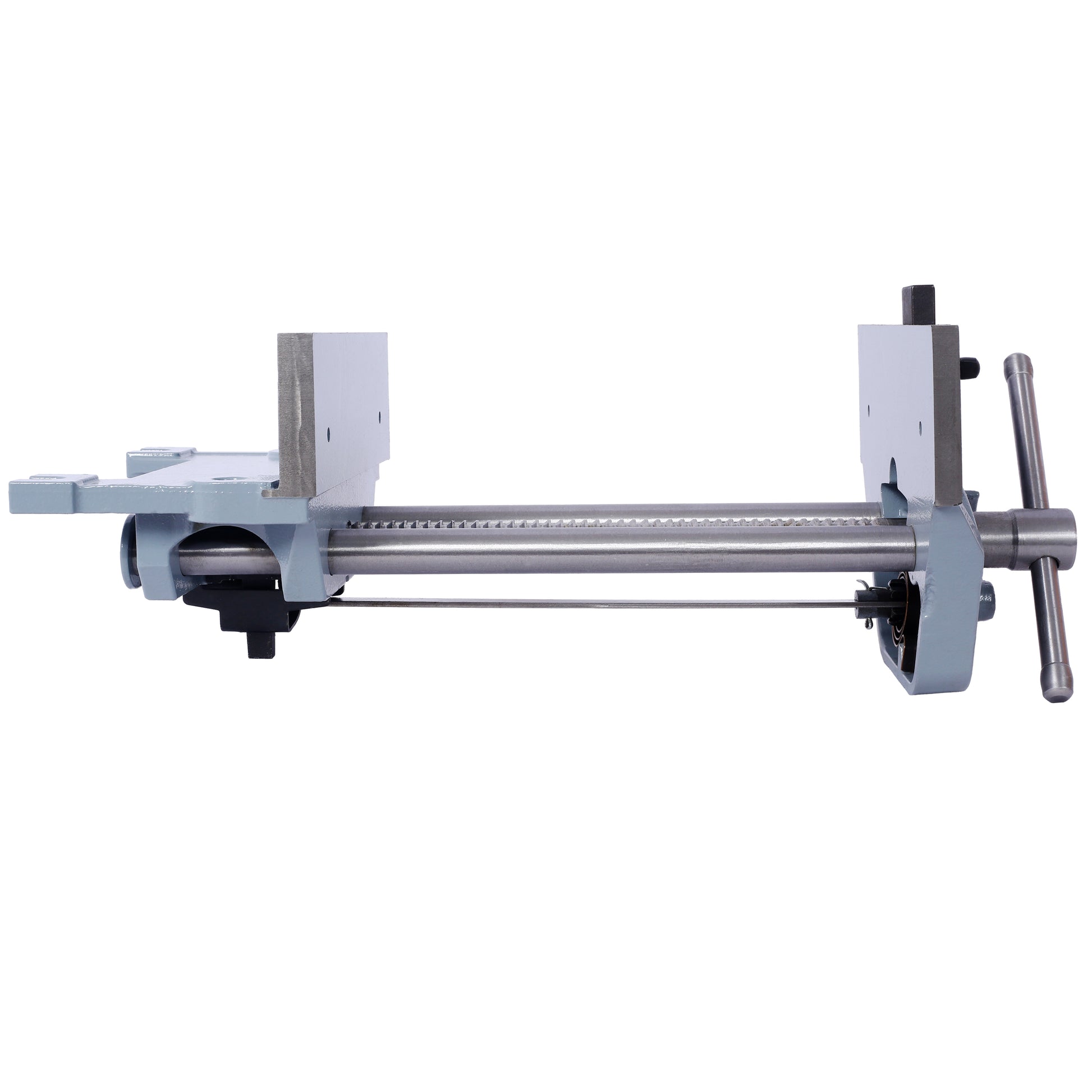 Heavyduty gray metal woodworking vise with adjustable jaws and rotating handle