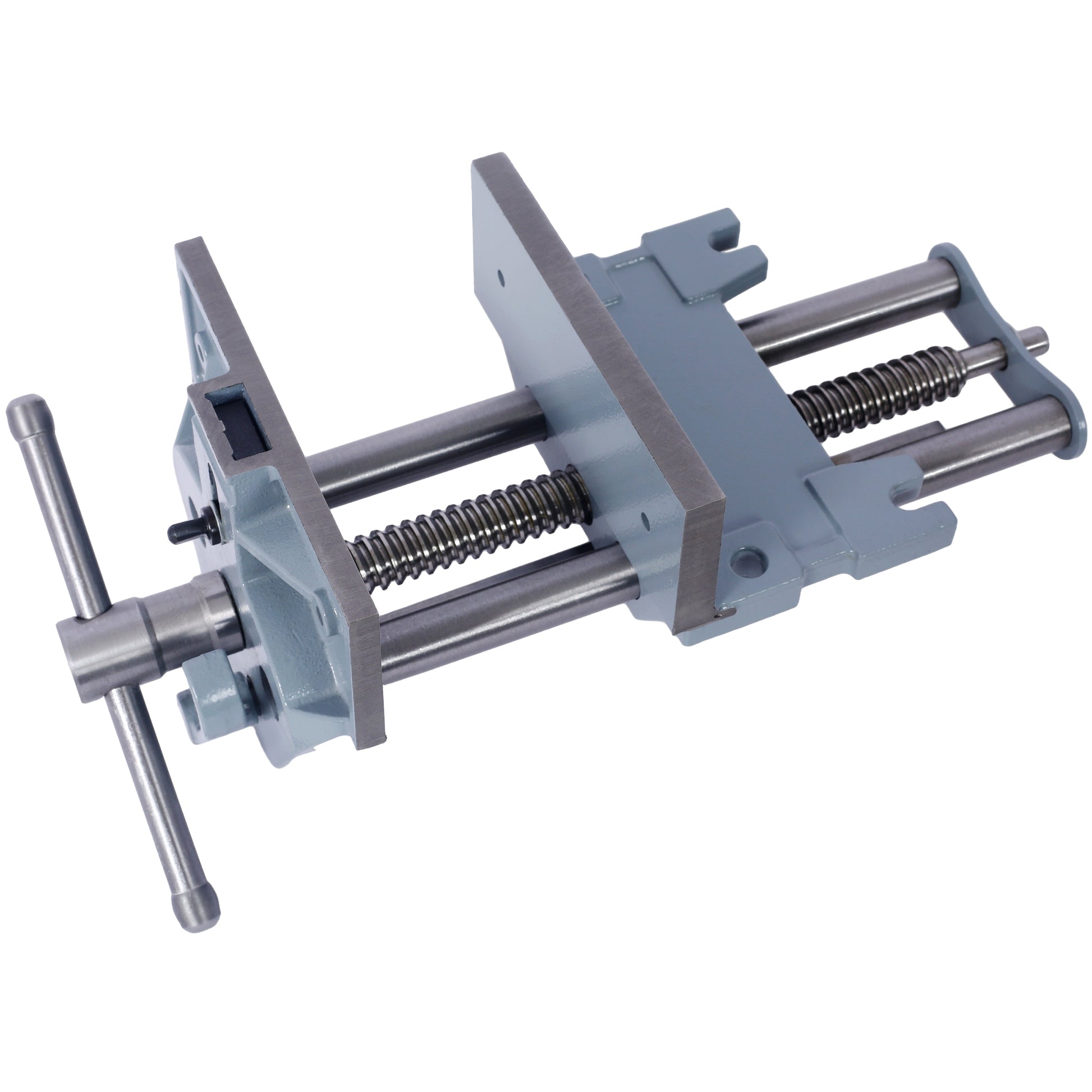 Heavyduty woodworking vise with a gray cast iron body and steel screw
