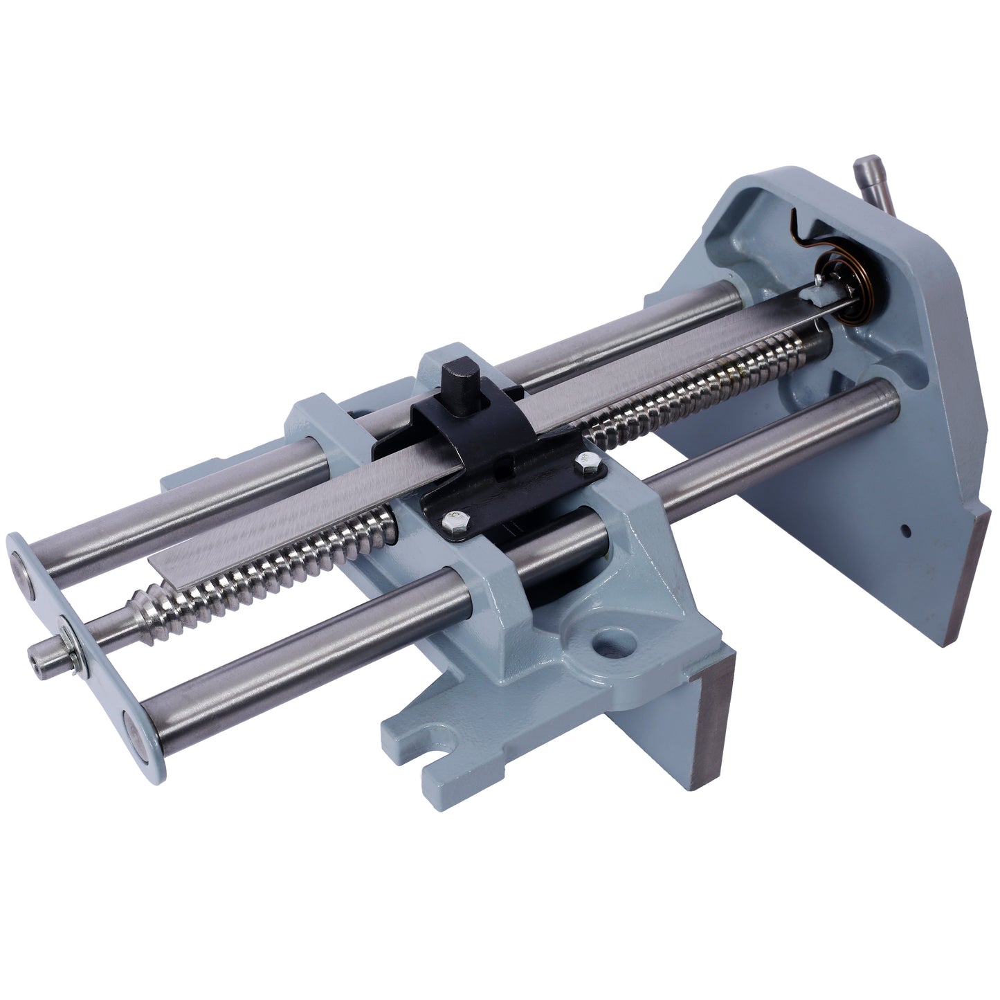 Gray metal precision vise with threaded rod and steel jaws for detailed work