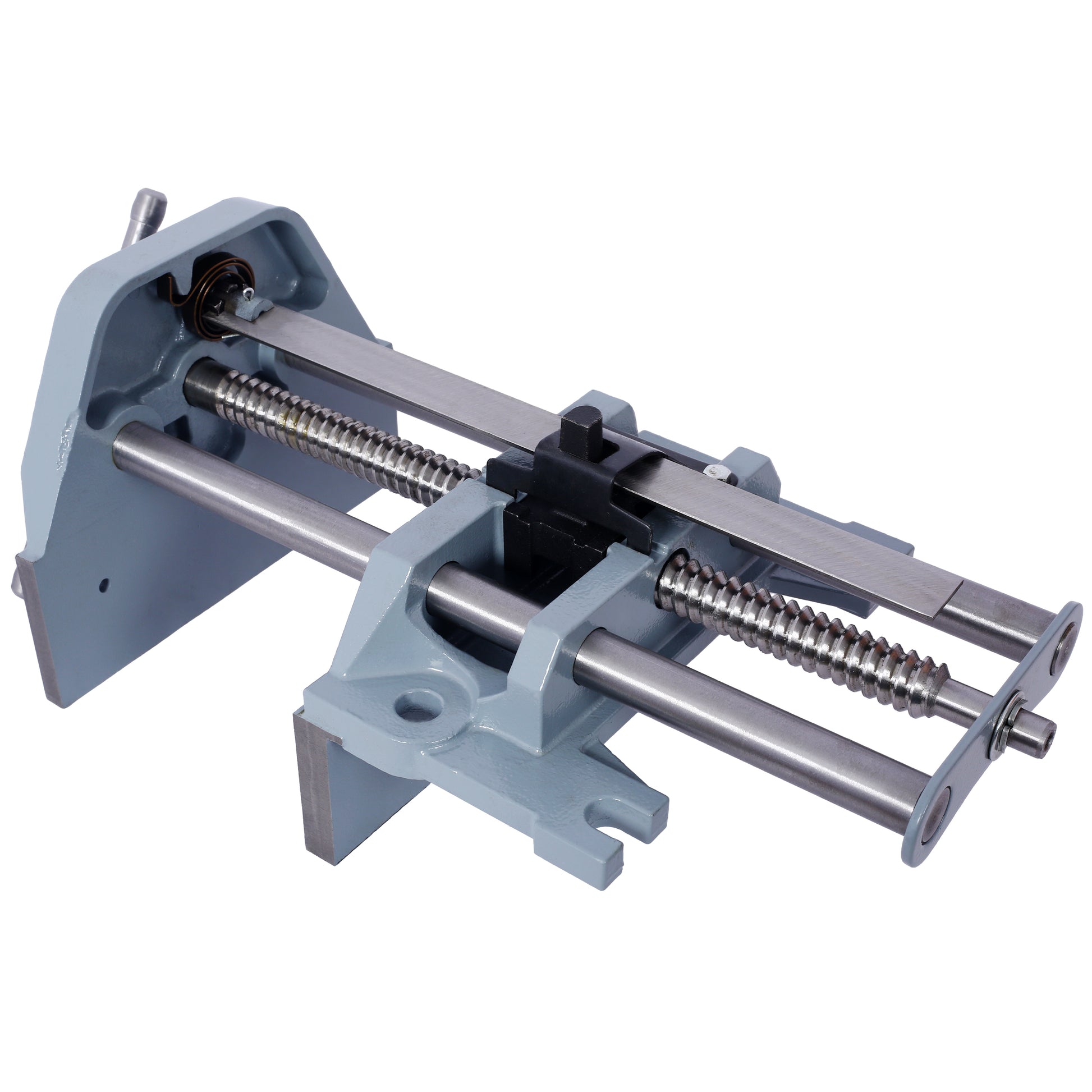 Gray metal drill press vise with a lead screw and jaw adjustment knob for precision work